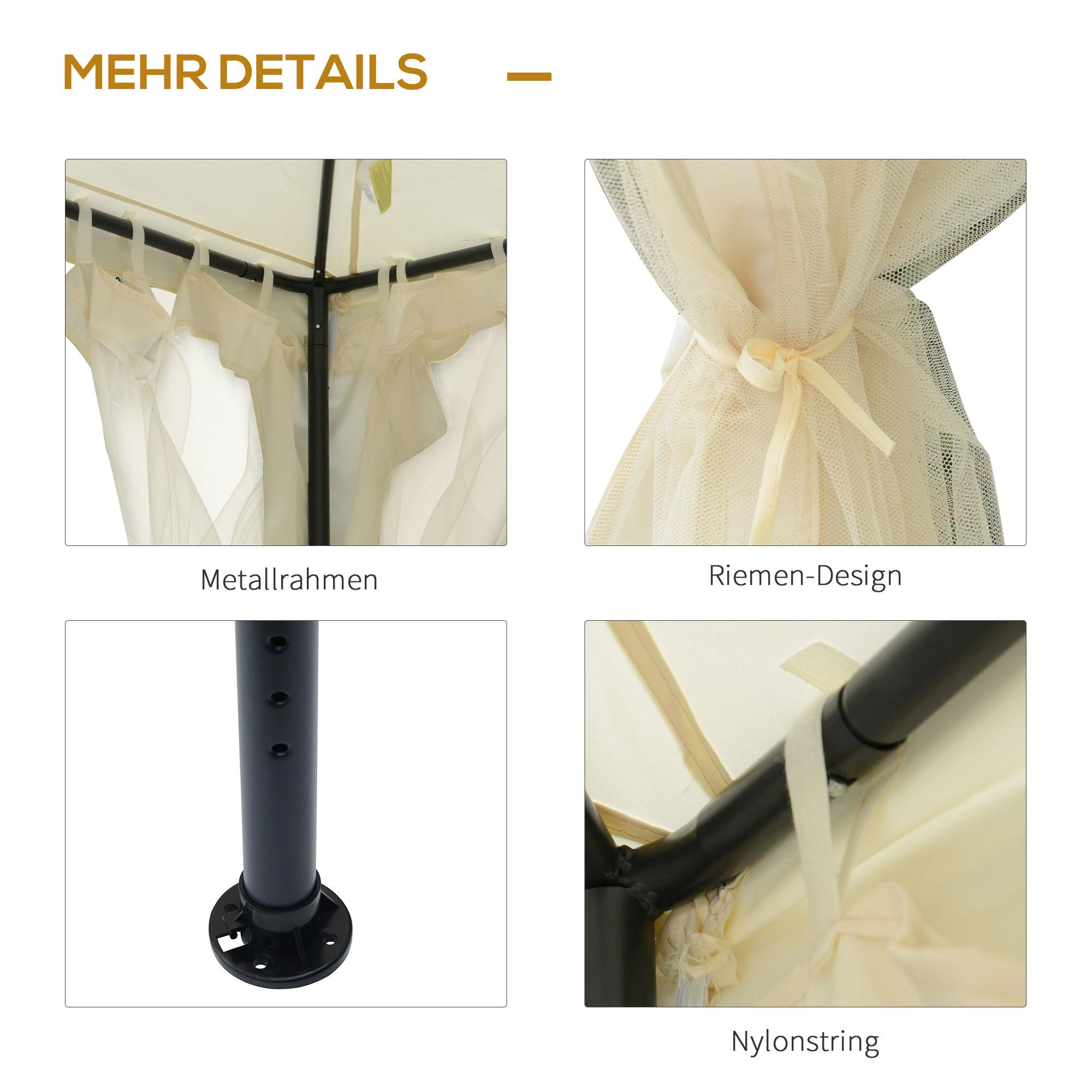 Details eines Pavillons: Metallrahmen, Bindedesign, Nylonschnur und beiger Vorhang.