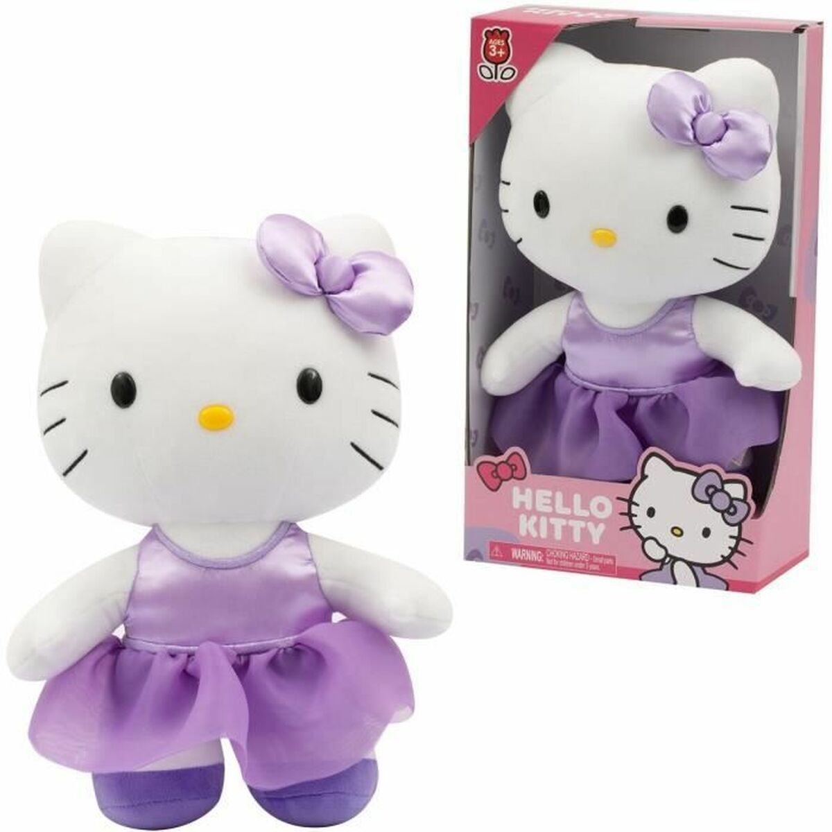Eine Hello Kitty Plüschpuppe in lila Kleid steht neben ihrer rosa Box.