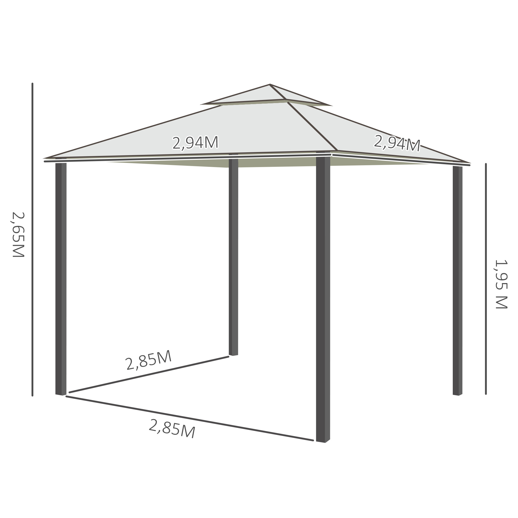Ein Gazebo-Diagramm mit Abmessungen: 2,65 m Höhe, 2,85 m Breite und ein Dach.