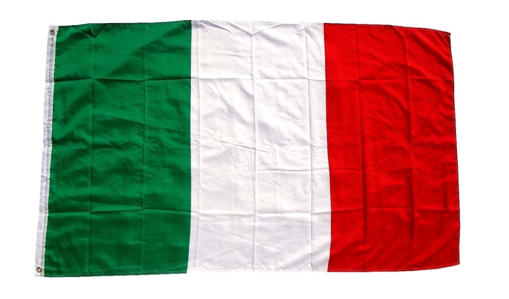Italienische Flagge mit grünen, weißen und roten vertikalen Streifen, die im Wind weht.