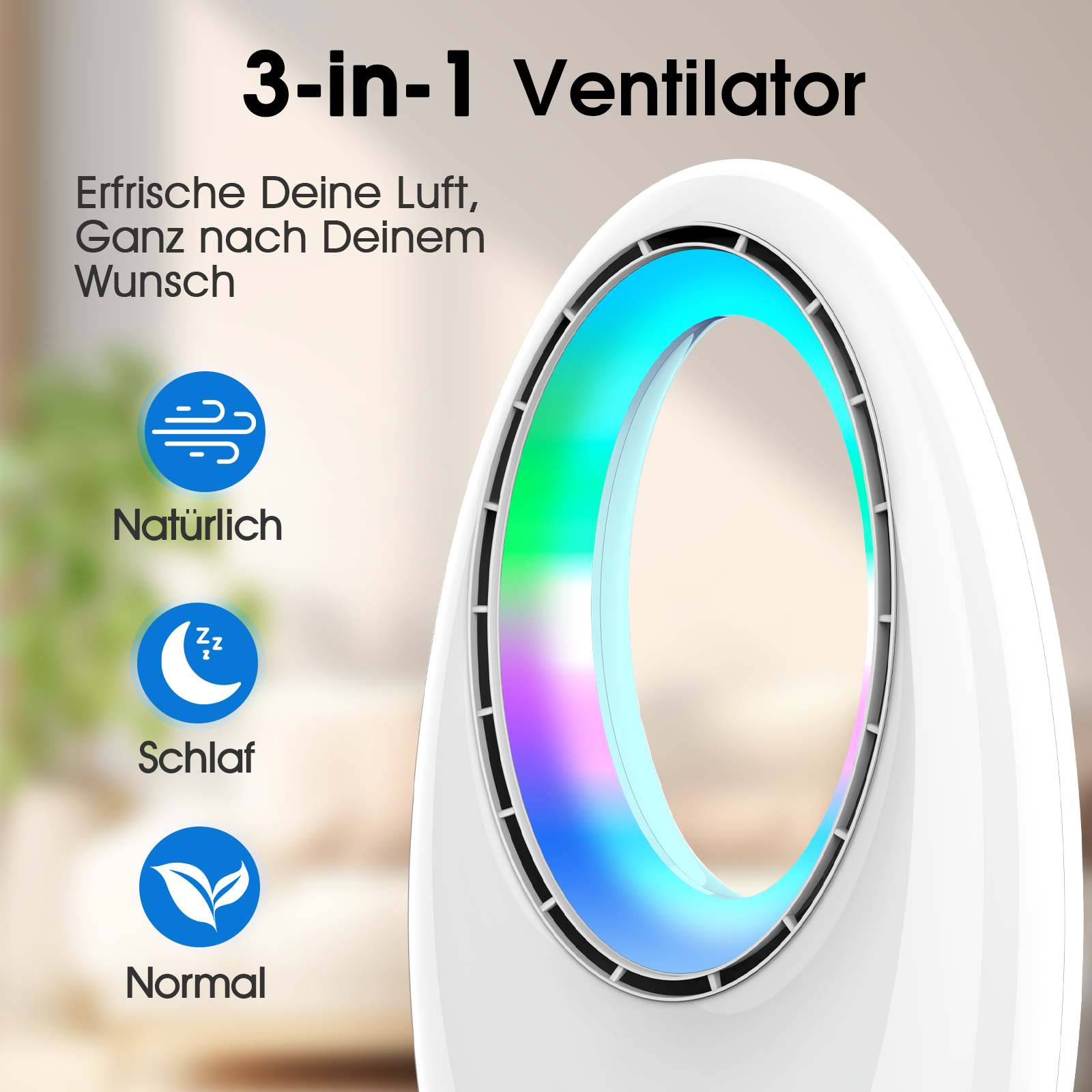 Ein weißer 3-in-1-Ventilator mit farbigem Lichtring und drei Modus-Symbolen.