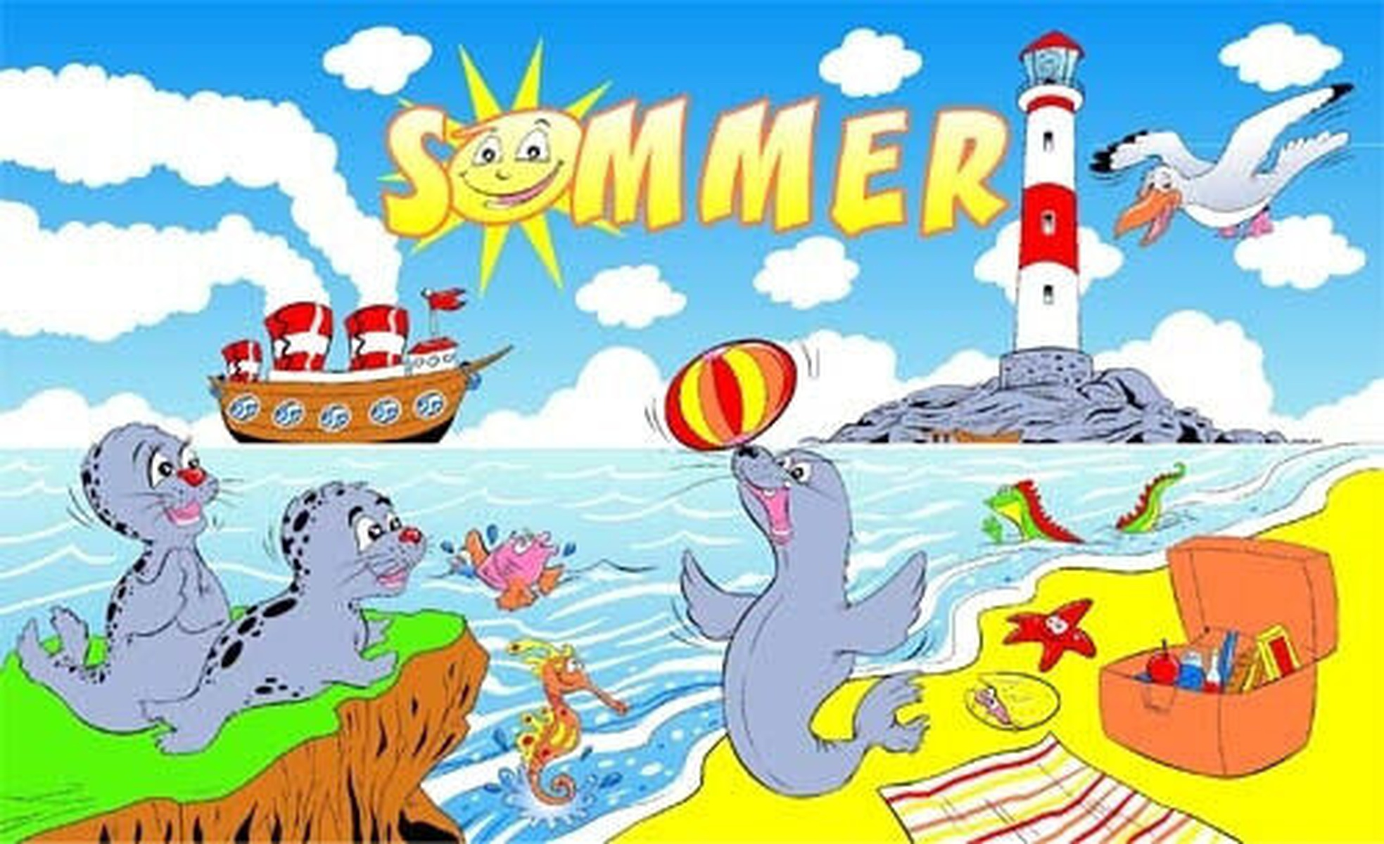 Cartoon-Szene mit Robben, einem Leuchtturm und einem Schiff an einem Strand mit dem Wort 'SOMMER'.