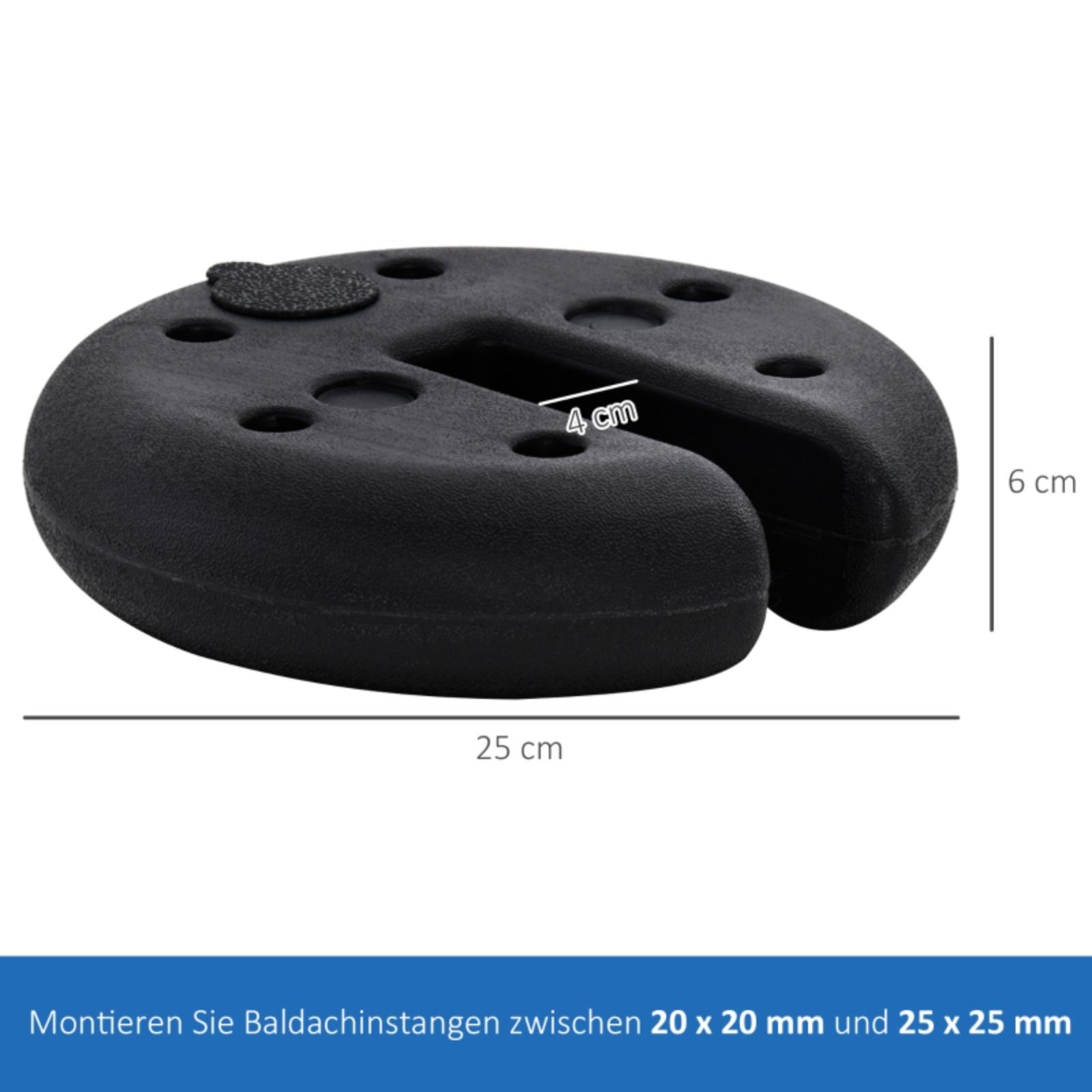 Ein schwarzes Gewicht mit U-förmigem Ausschnitt und Löchern, mit Maßangaben.
