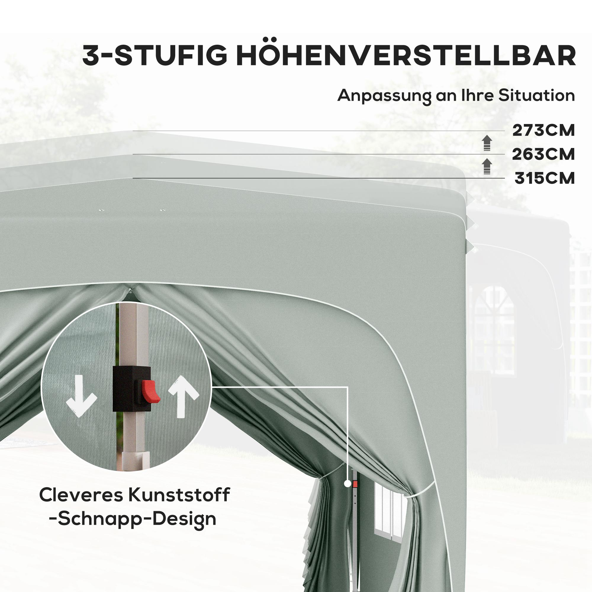 Diagramm, das die einstellbare Zelt Höhe in drei Schritten zeigt: 273cm, 263cm und 315cm.