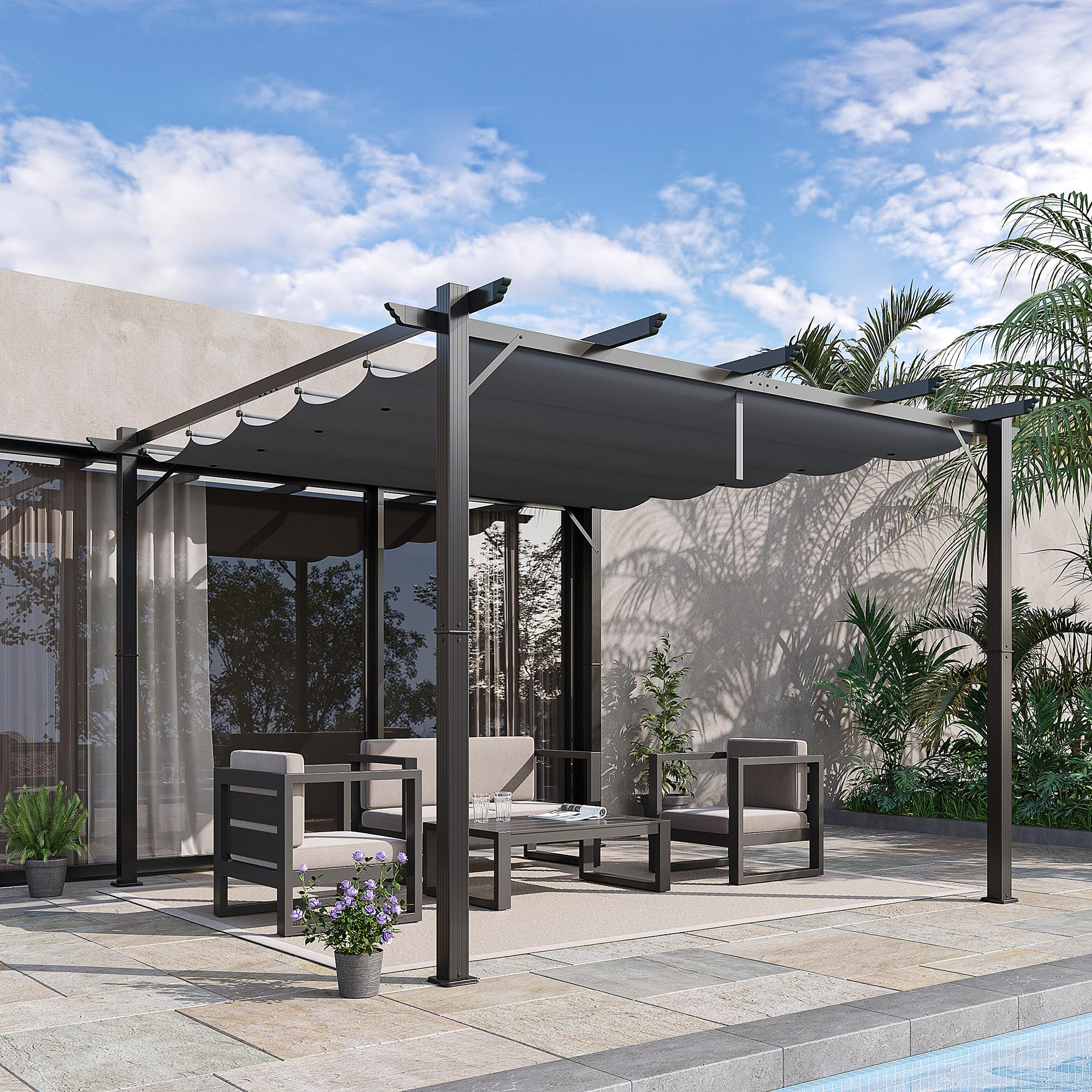 Außenszene mit grauer Pergola über einer Terrasse mit Möbeln, Pflanzen und Pool. Blauer Himmel mit Wolken darüber.
