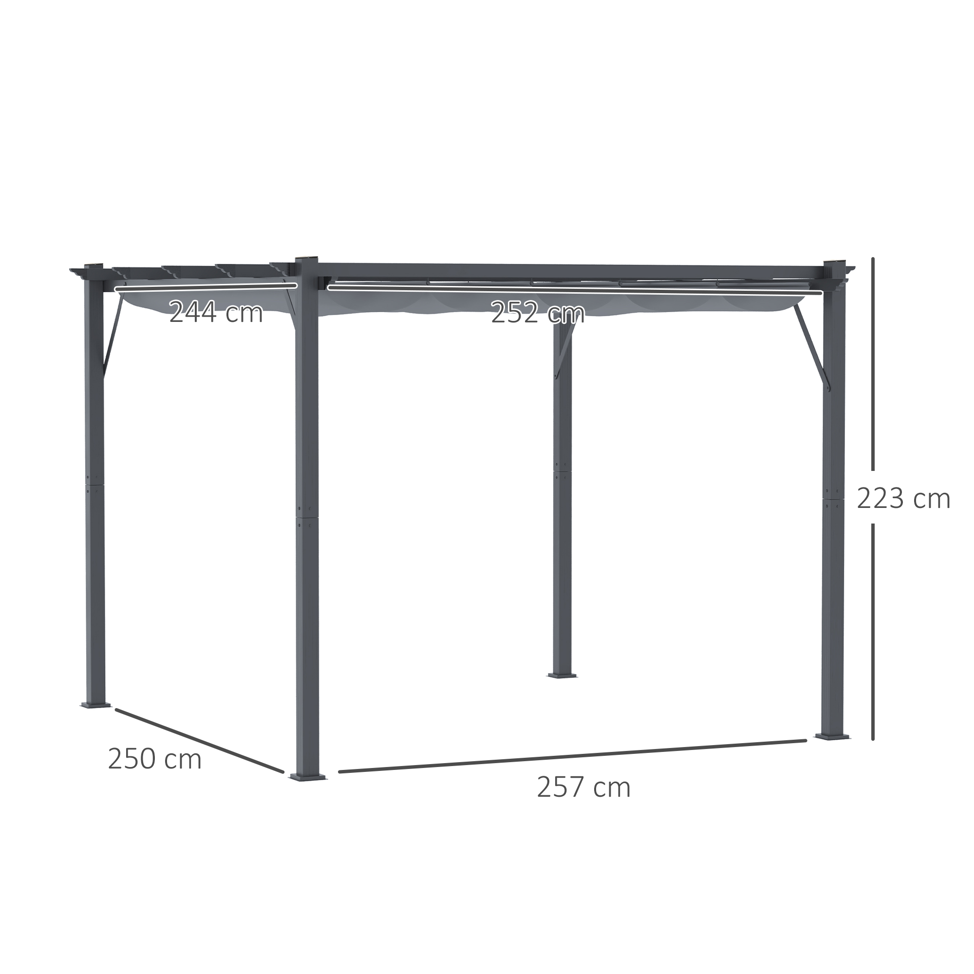 Diagramm mit Abmessungen einer Pergola. Die Maße umfassen: 244 cm, 252 cm, 250 cm, 257 cm und 223 cm.