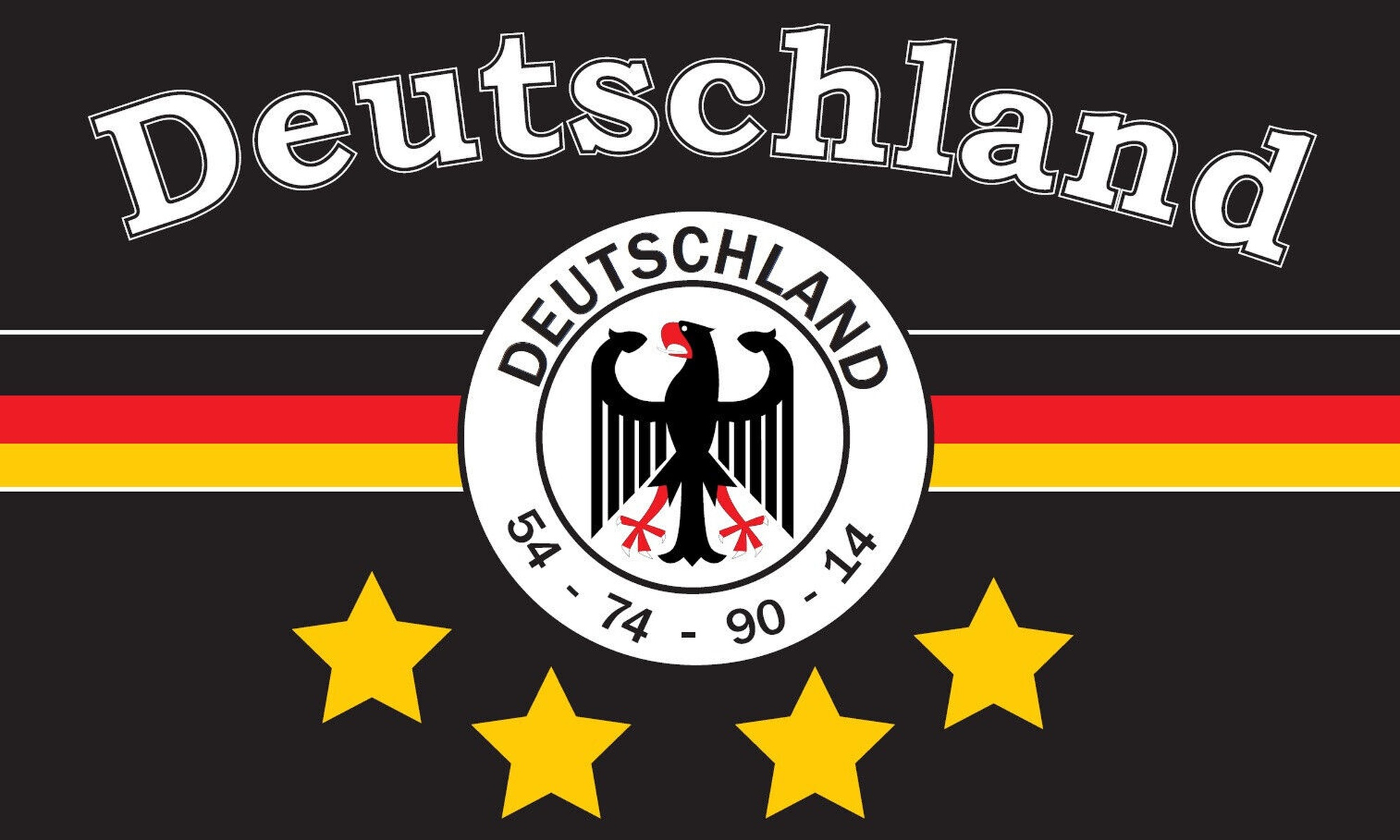 Die Flagge Deutschlands mit dem Wort "Deutschland" und einem Wappen mit Sternen.