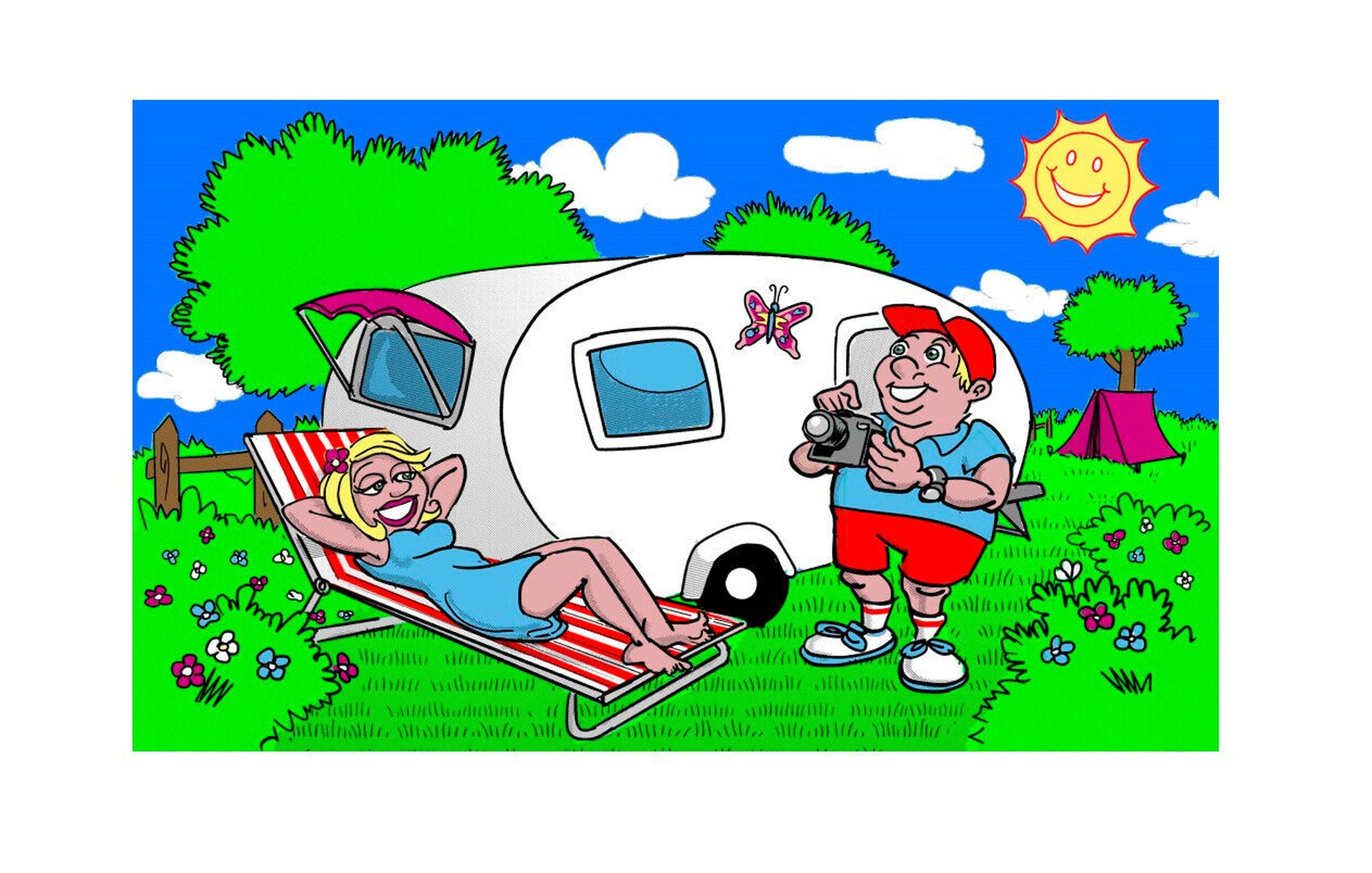 Cartoon eines Mannes, der eine Frau fotografiert, die sich an einem sonnigen Tag an einem Wohnwagen sonnt.