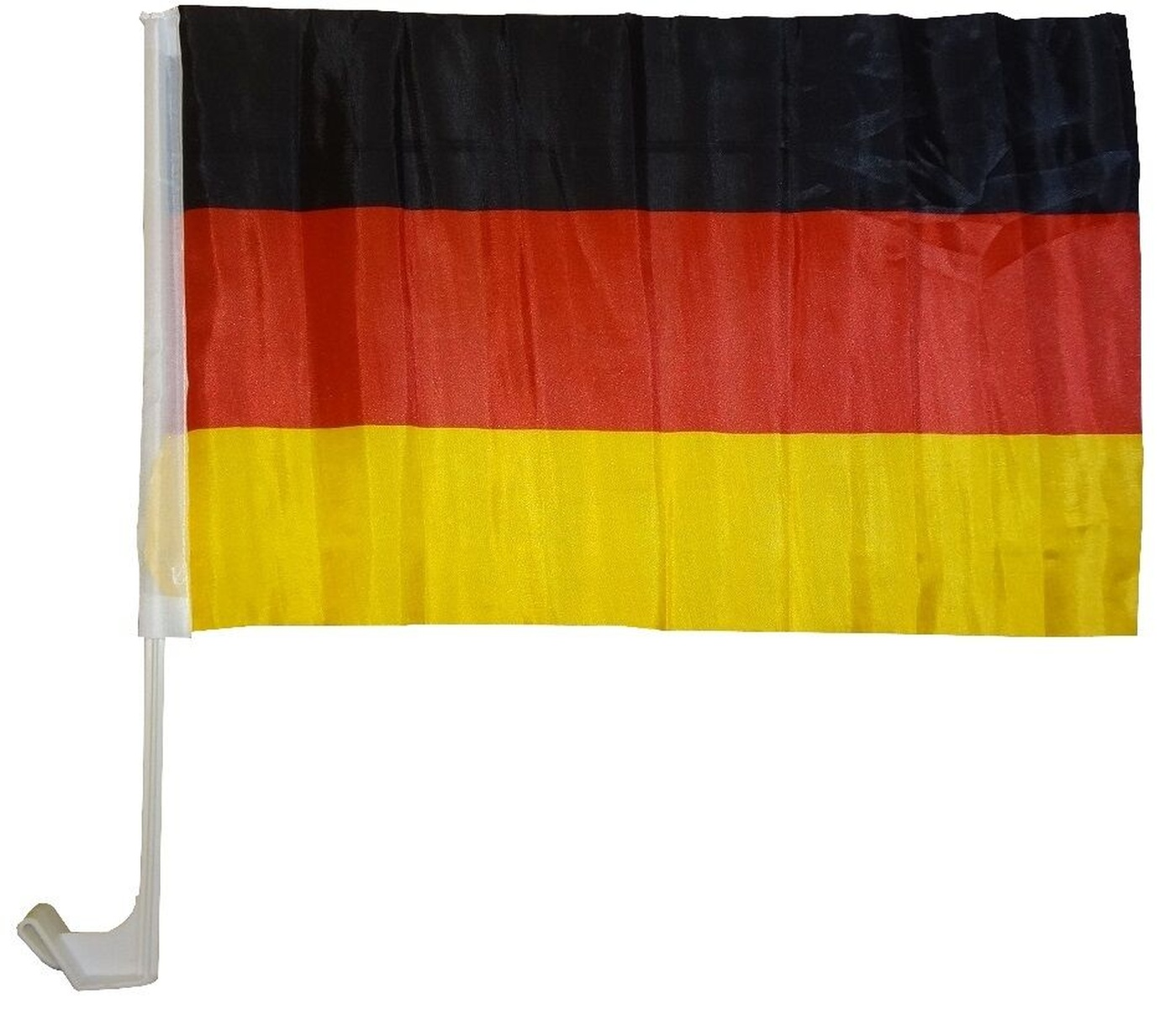 Eine kleine deutsche Flagge an einer weißen Stange mit einer schwarz-rot-goldenen Trikolore.
