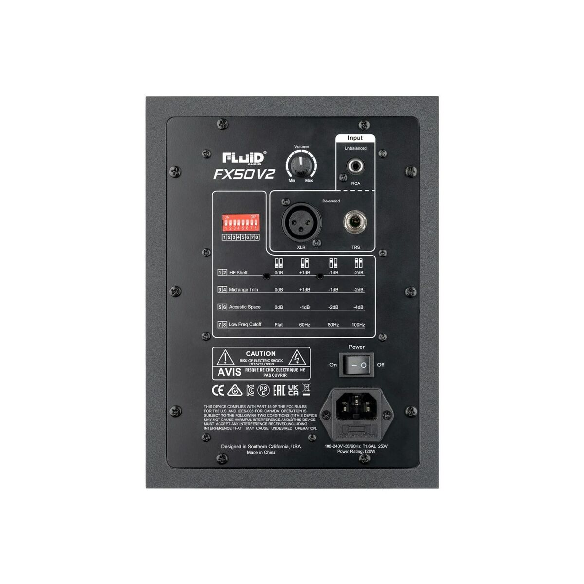 Pannello posteriore di altoparlante audio nero con ingressi, interruttori e impostazioni. Il testo include 'Fluid FX50V2' e 'Power'.
