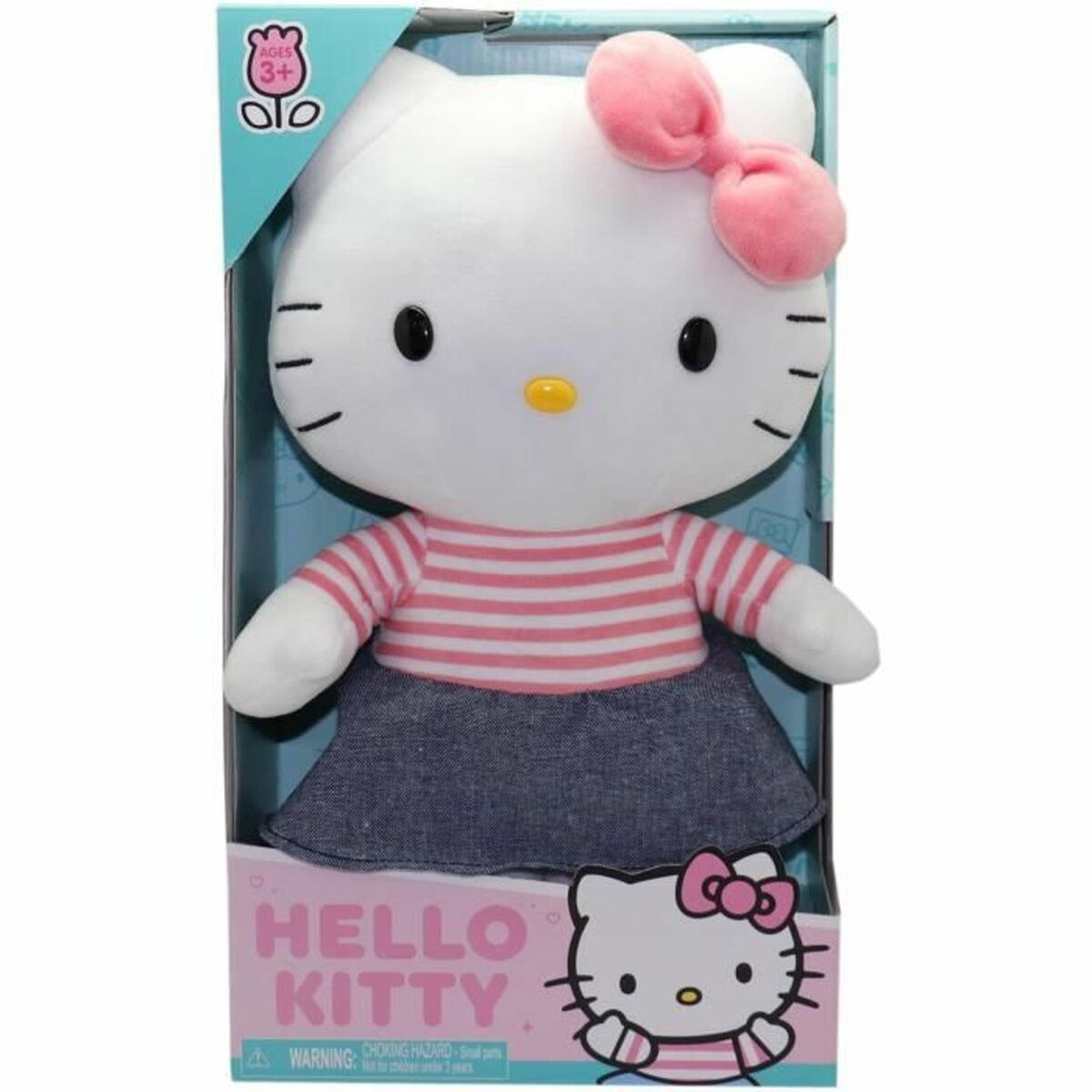 Hello Kitty Plüschtier in einer Box. Sie trägt ein rosa-weiß gestreiftes Hemd und einen blauen Rock. Rosa Schleife auf dem Kopf.