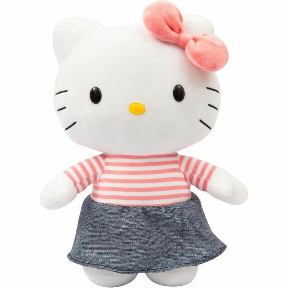 Hello Kitty Plüschtier mit rosa Schleife, gestreiftem Hemd und Rock.
