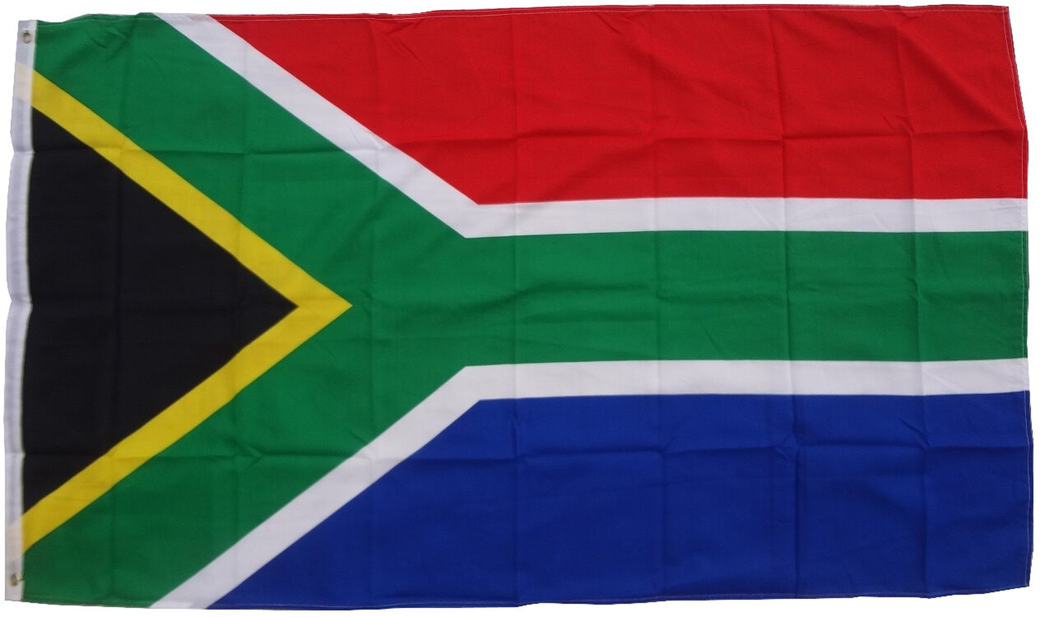 Südafrikanische Flagge mit roten, weißen, grünen und blauen horizontalen Streifen, einem schwarzen Dreieck und einem gelben Y.