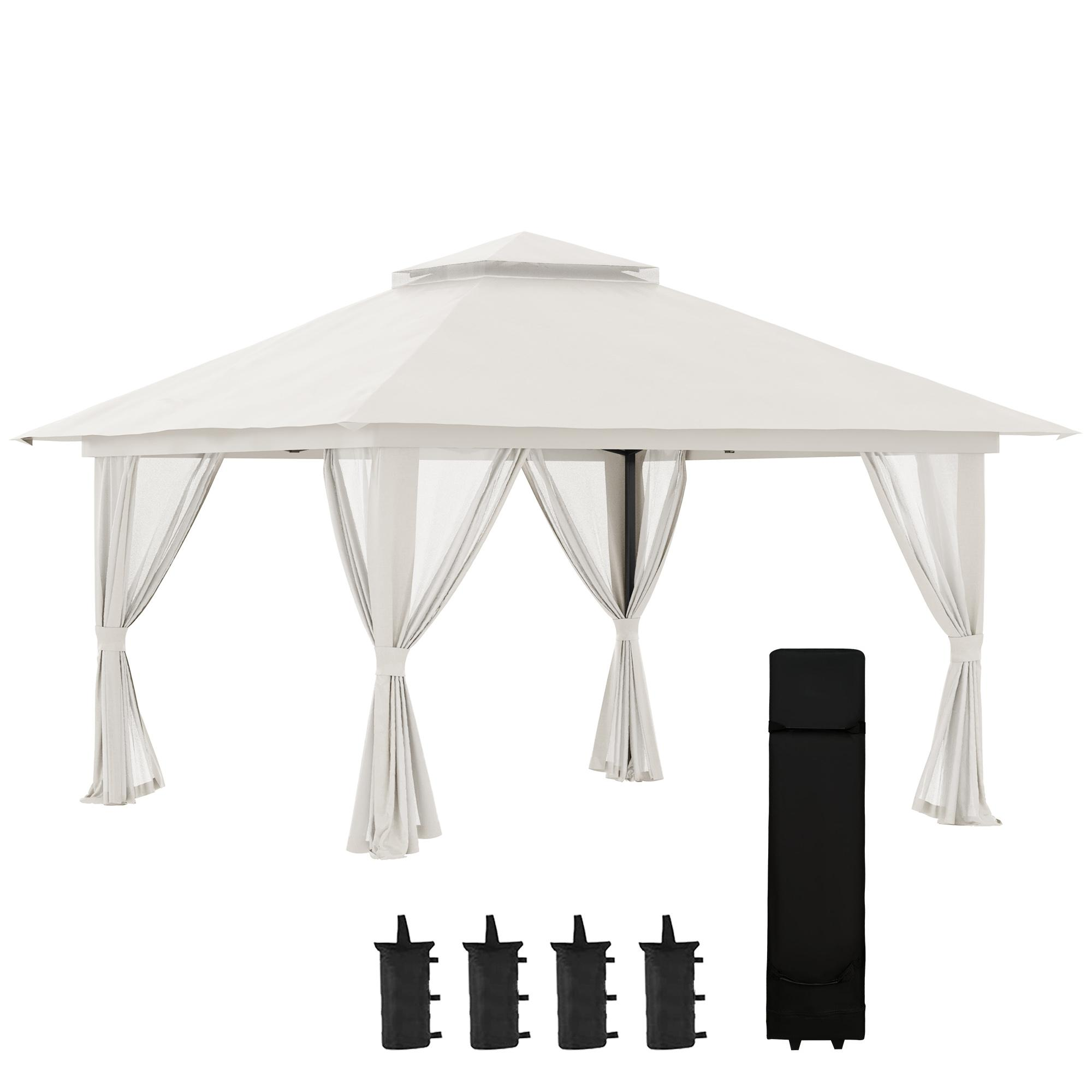 Ein weißer Outdoor-Pavillon mit Vorhängen, vier Gewichten und einer schwarzen Aufbewahrungstasche auf weißem Hintergrund.