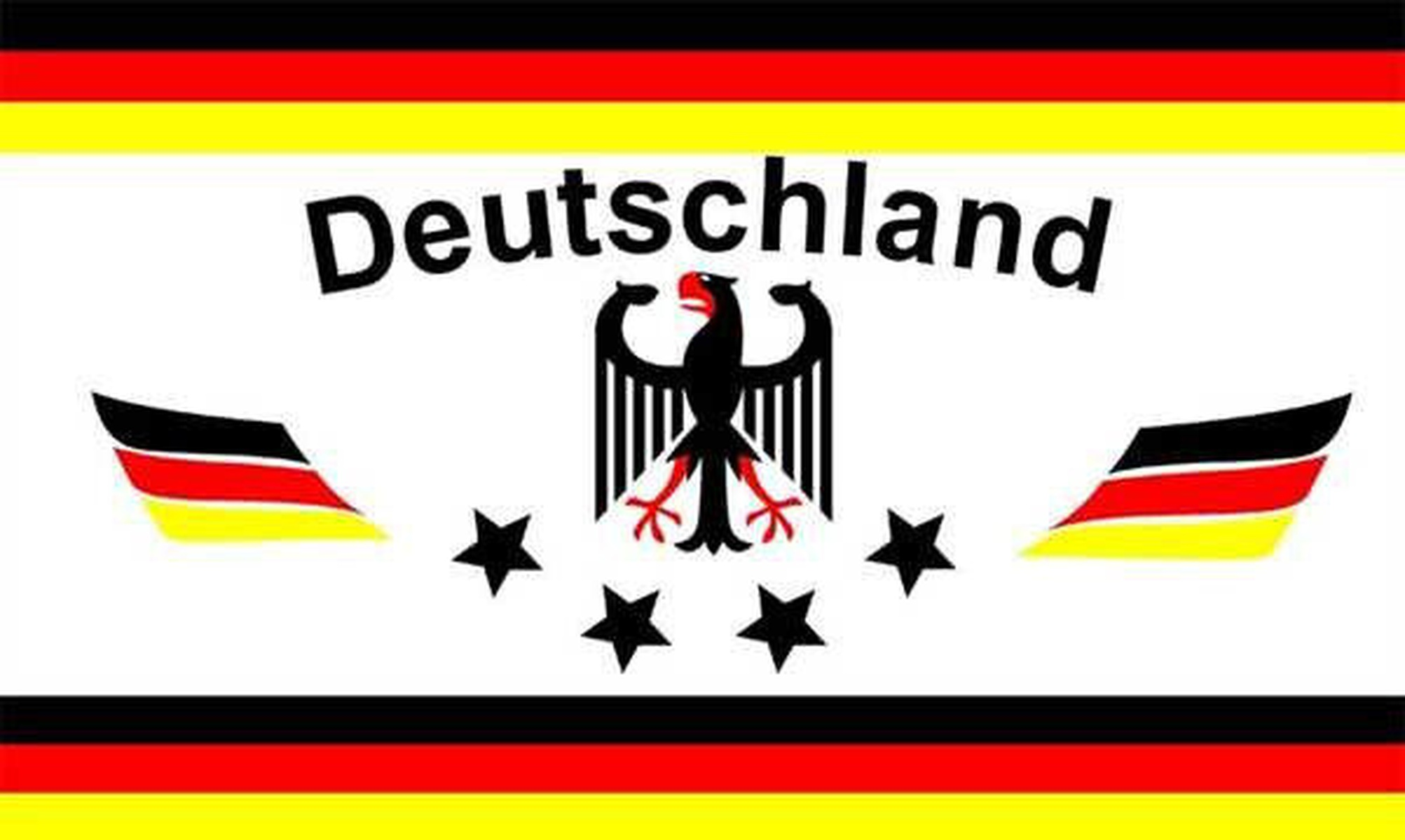 Eine weiße Flagge mit dem Wort 'Deutschland', einem Adleremblem, Sternen und roten, schwarzen und gelben Streifen.