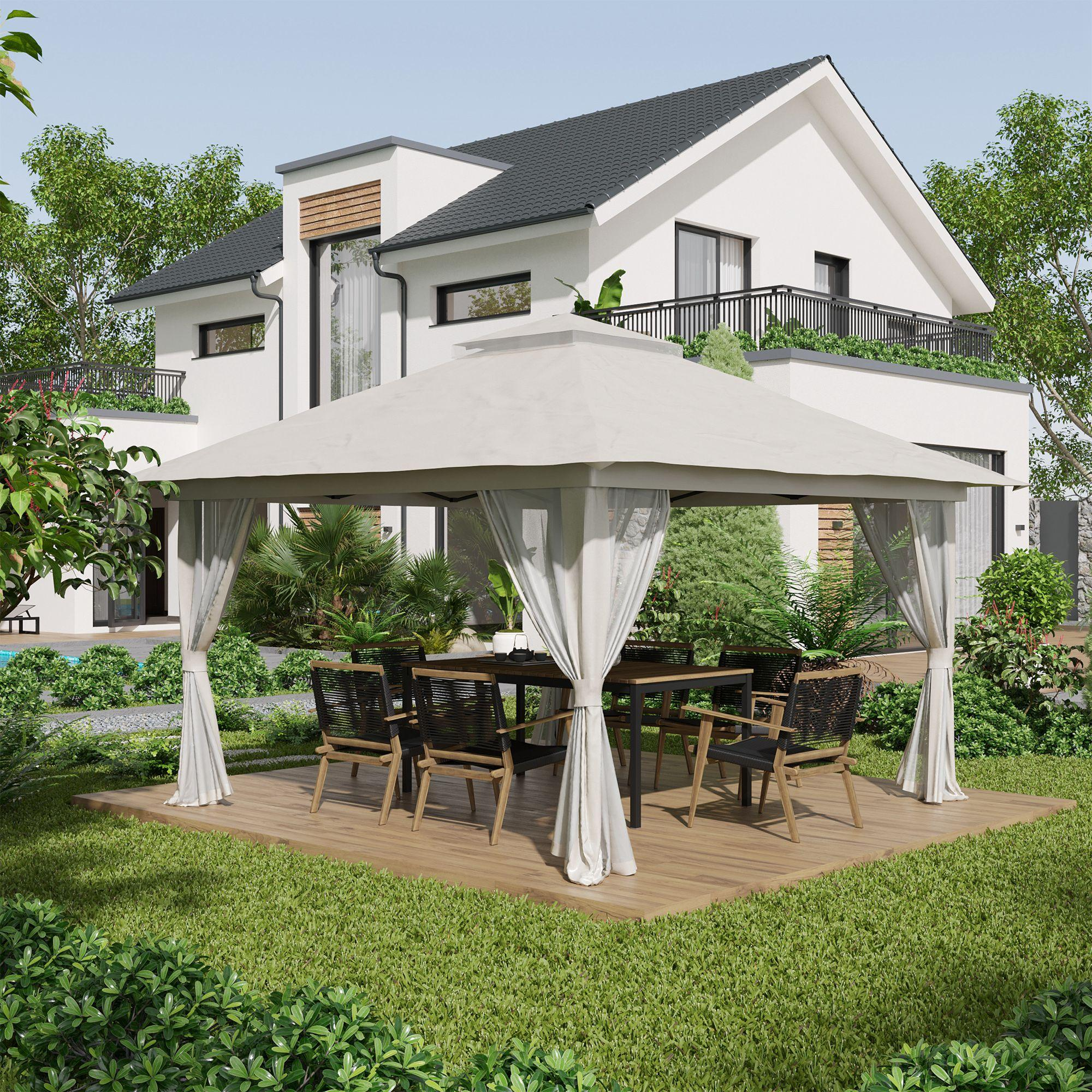 Ein weißer Pavillon auf einer Holzterrasse. Im Hintergrund ein Haus. Im Pavillon befinden sich Stühle und ein Tisch.