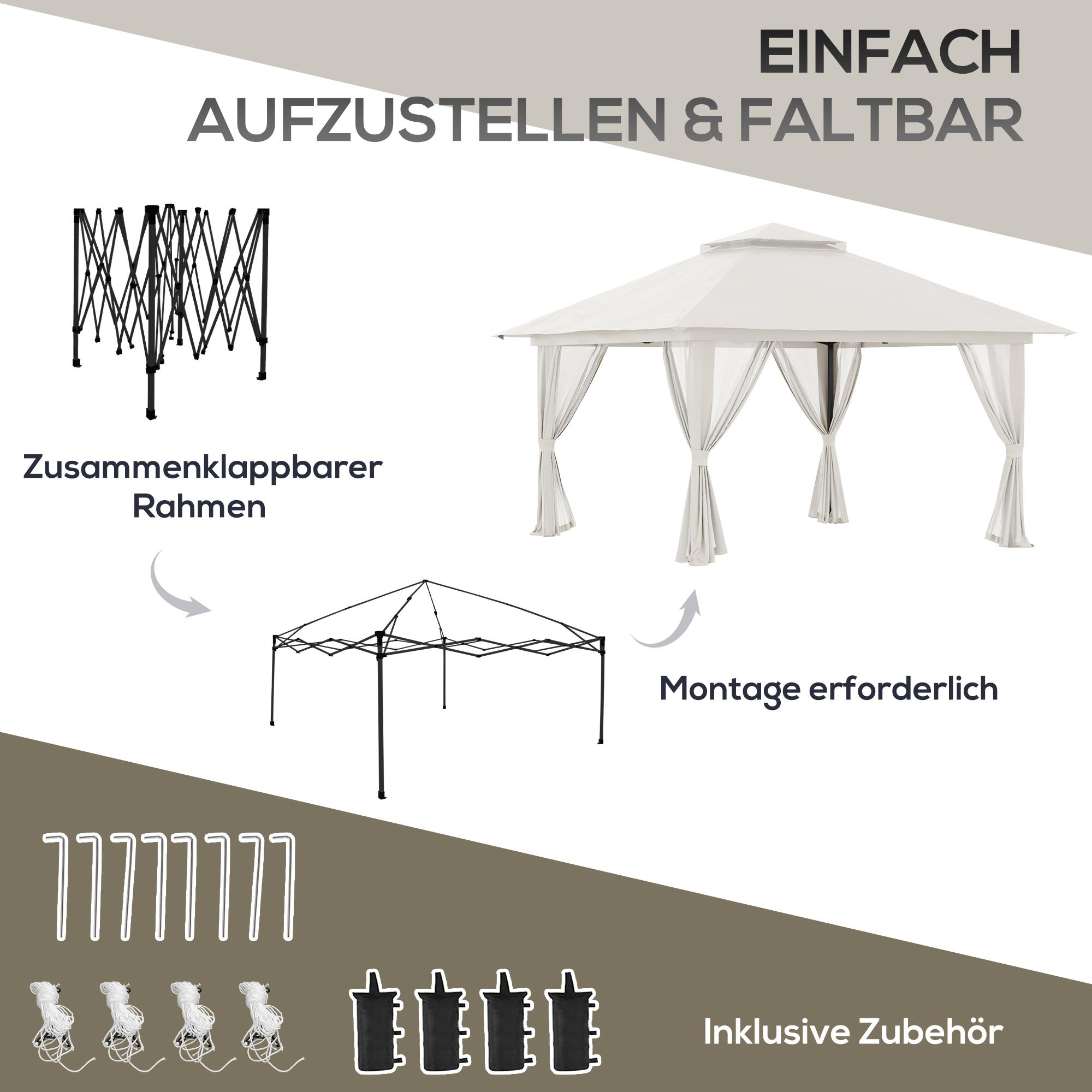 Diagramm, das einen zusammenklappbaren Pavillonrahmen, einen Pavillon und Montagezubehör mit deutschem Text zeigt.