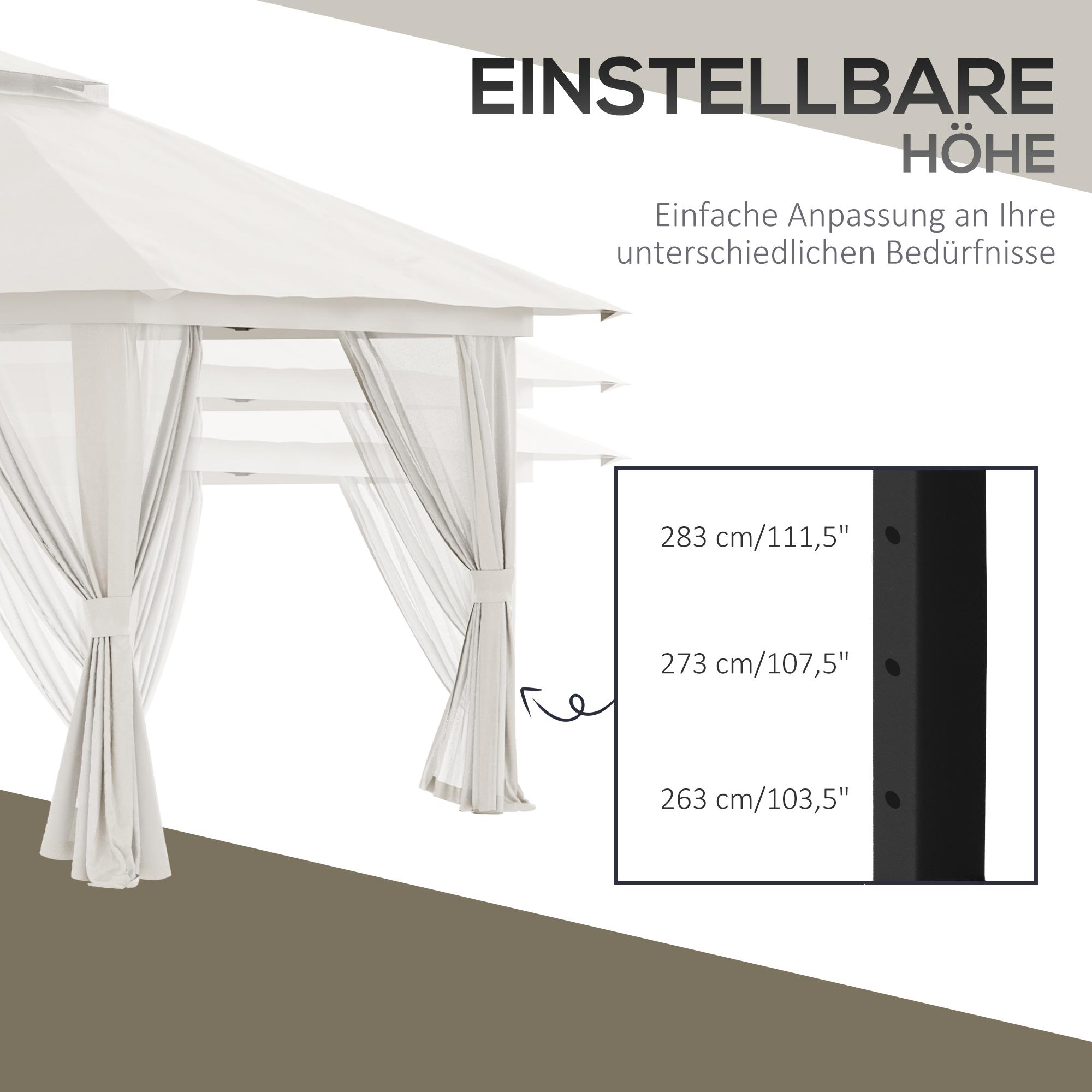 Bild eines Pavillons mit einstellbaren Höhenoptionen mit Maßen in Zentimetern und Zoll und deutschem Text.