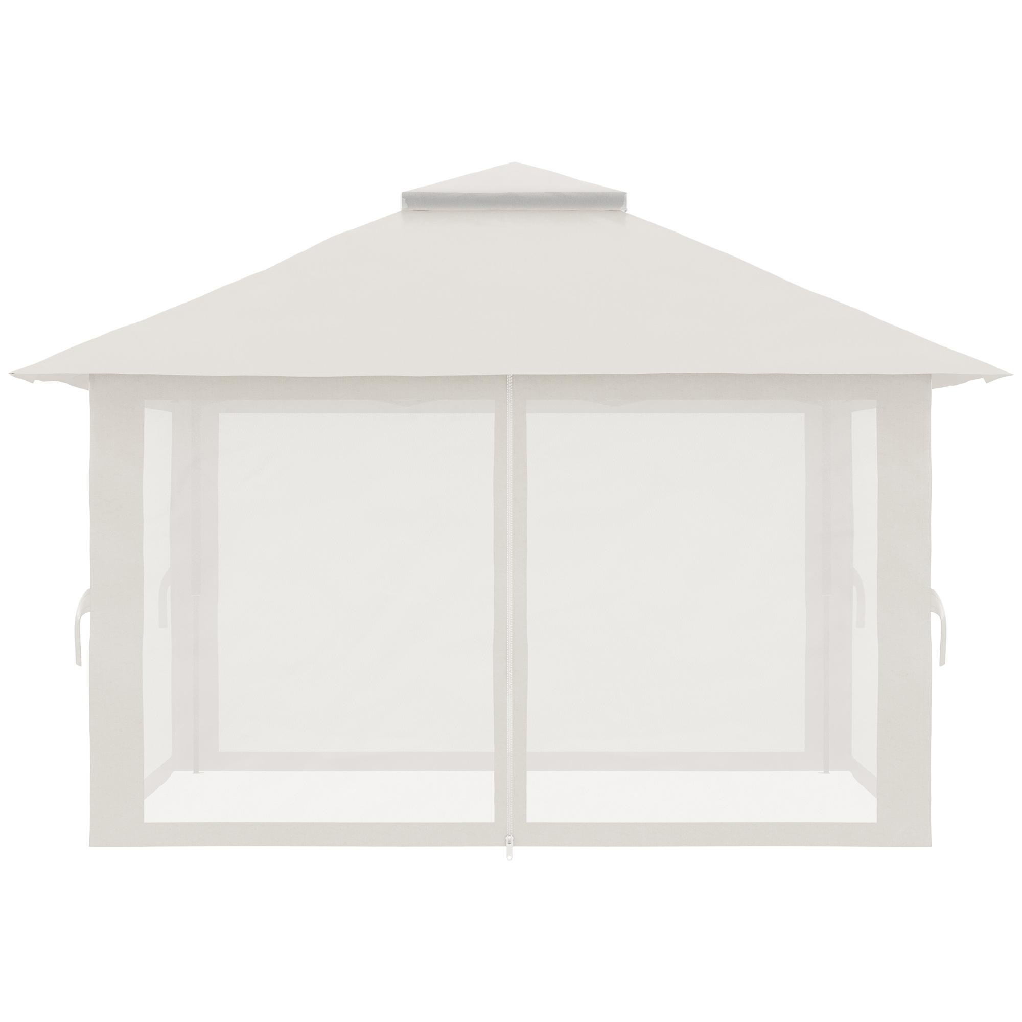 Weißer Pavillon mit Spitzdach und Netzwänden. Die Vorderseite hat einen Reißverschluss und zwei Seitenvorhänge.
