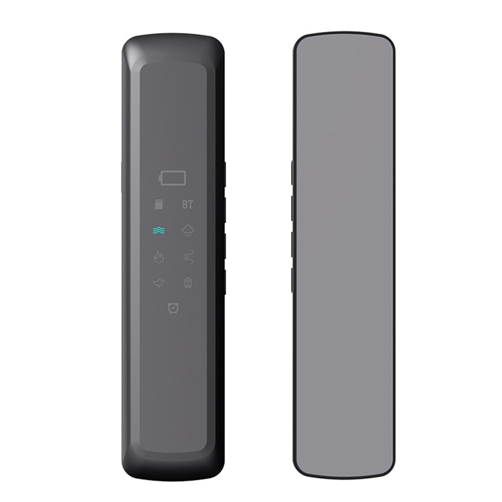 Zwei graue Fernbedienungen, eine mit Symbolen und einer Batterieanzeige, die andere mit glatter Oberfläche.