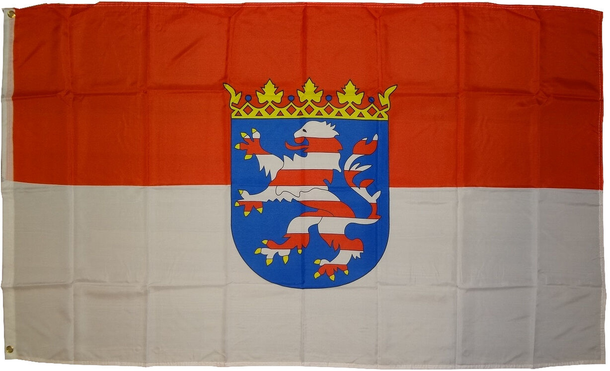 Flagge von Hessen, Deutschland: rote und weiße Streifen mit einem Wappen, das einen Löwen und eine Krone zeigt.