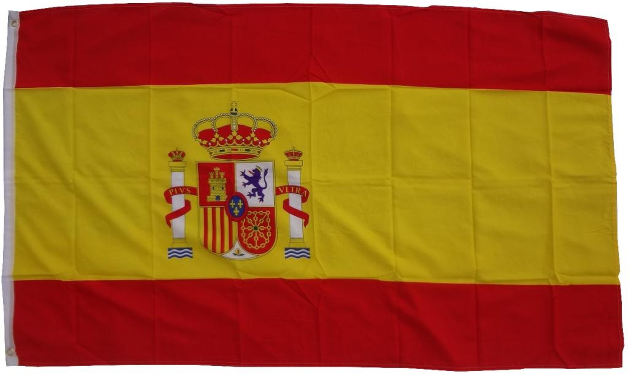 Die spanische Flagge hat drei horizontale Streifen: Rot, Gelb und Rot, mit einem Wappen in der Mitte.