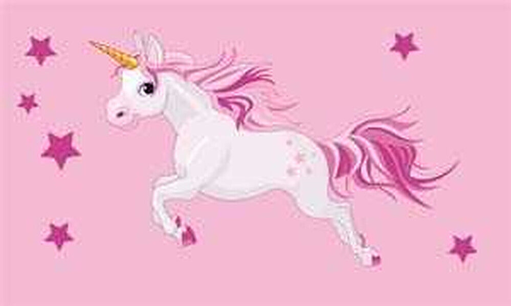 Ein weißes Einhorn mit rosa Mähne und Schweif auf rosa Hintergrund.