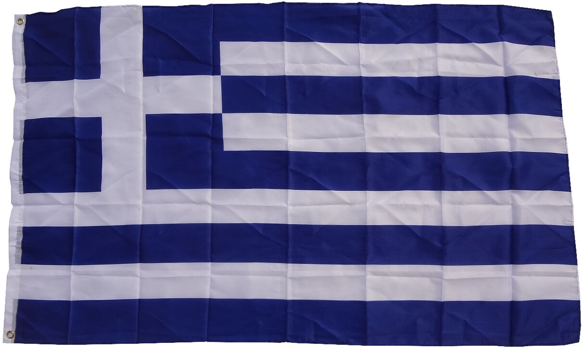 Die griechische Flagge. Sie hat blaue und weiße Streifen und ein blaues und weißes Quadrat.
