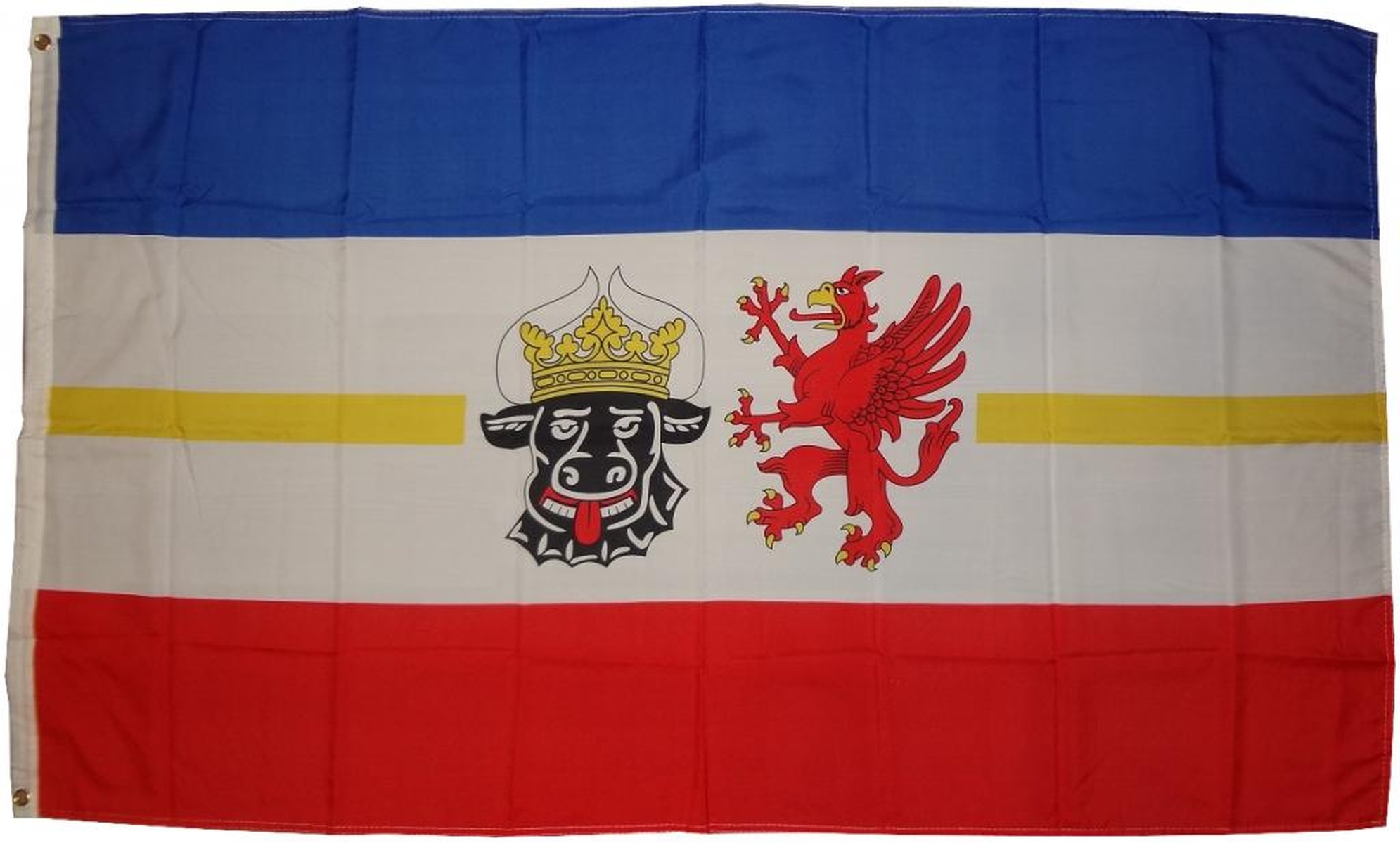 Flagge von Mecklenburg-Vorpommern, Deutschland. Sie hat blaue, weiße, gelbe und rote Streifen.