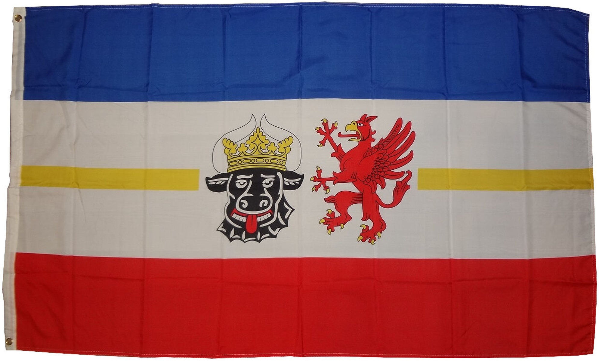 Flagge Mecklenburg-Vorpommern, Deutschland, mit Bulle und Greif auf weiß/blau/gelb/roten Streifen.