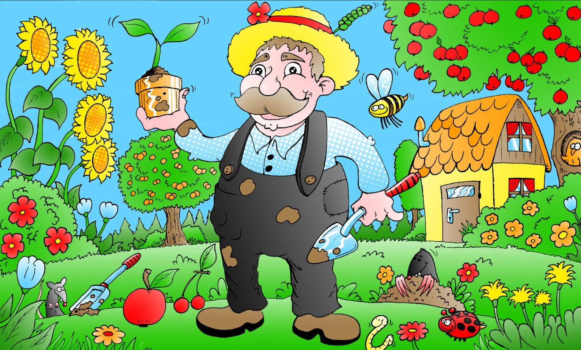 Ein Cartoon-Bauer in einem Garten, der eine Pflanze hält, umgeben von Blumen, Früchten und Insekten.