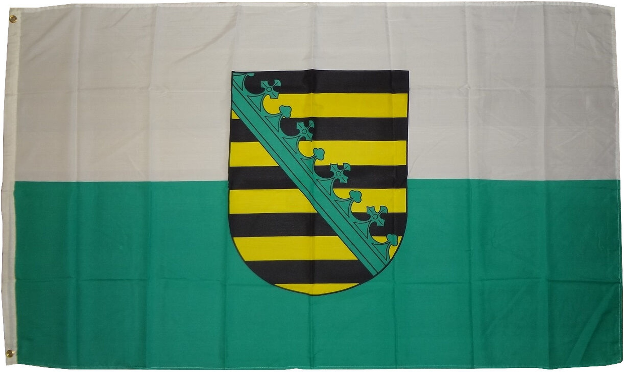 Flagge von Sachsen, Deutschland. Weiße und grüne horizontale Streifen mit Wappen.