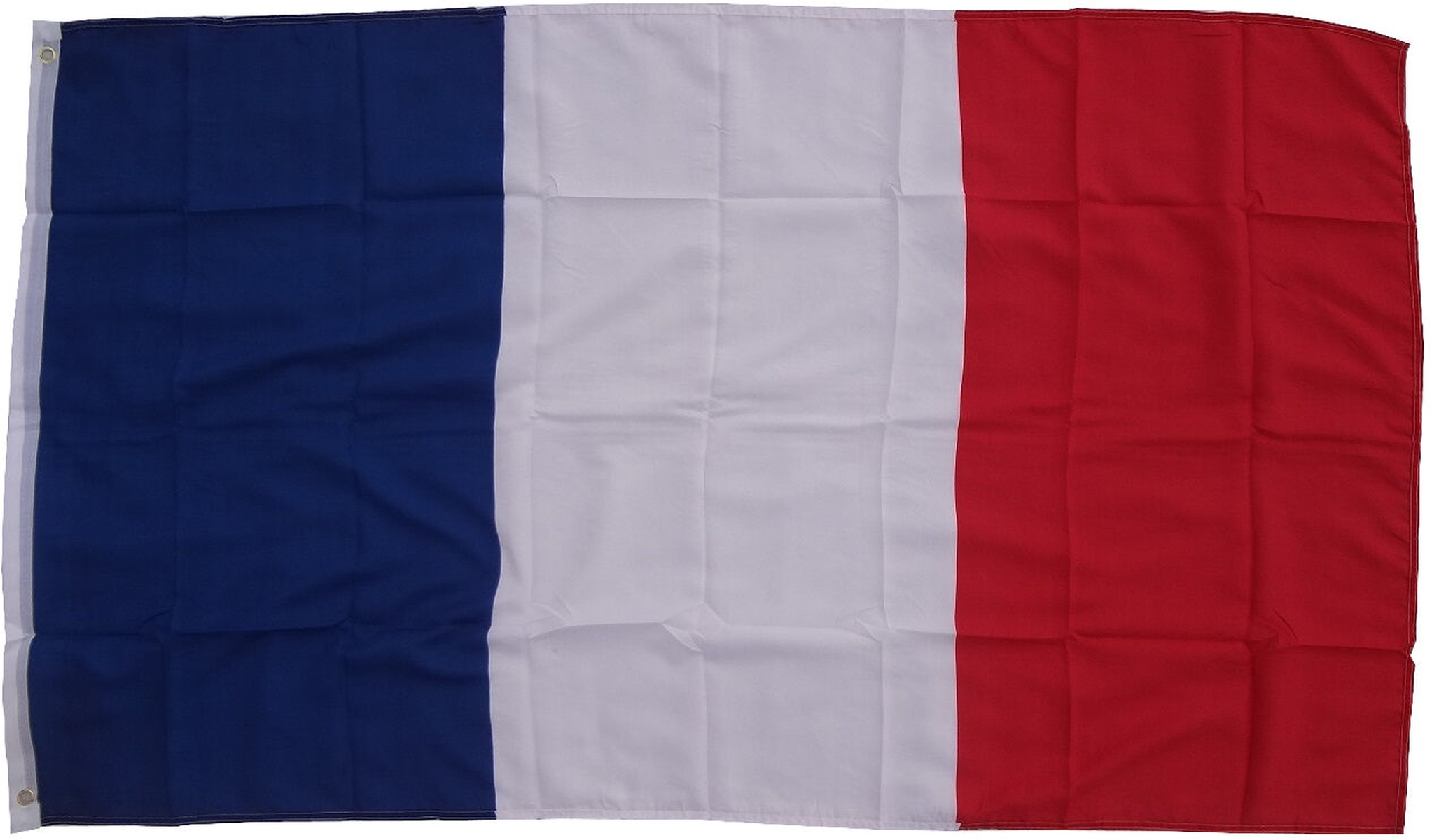 Französische Flagge: blaue, weiße und rote vertikale Streifen.