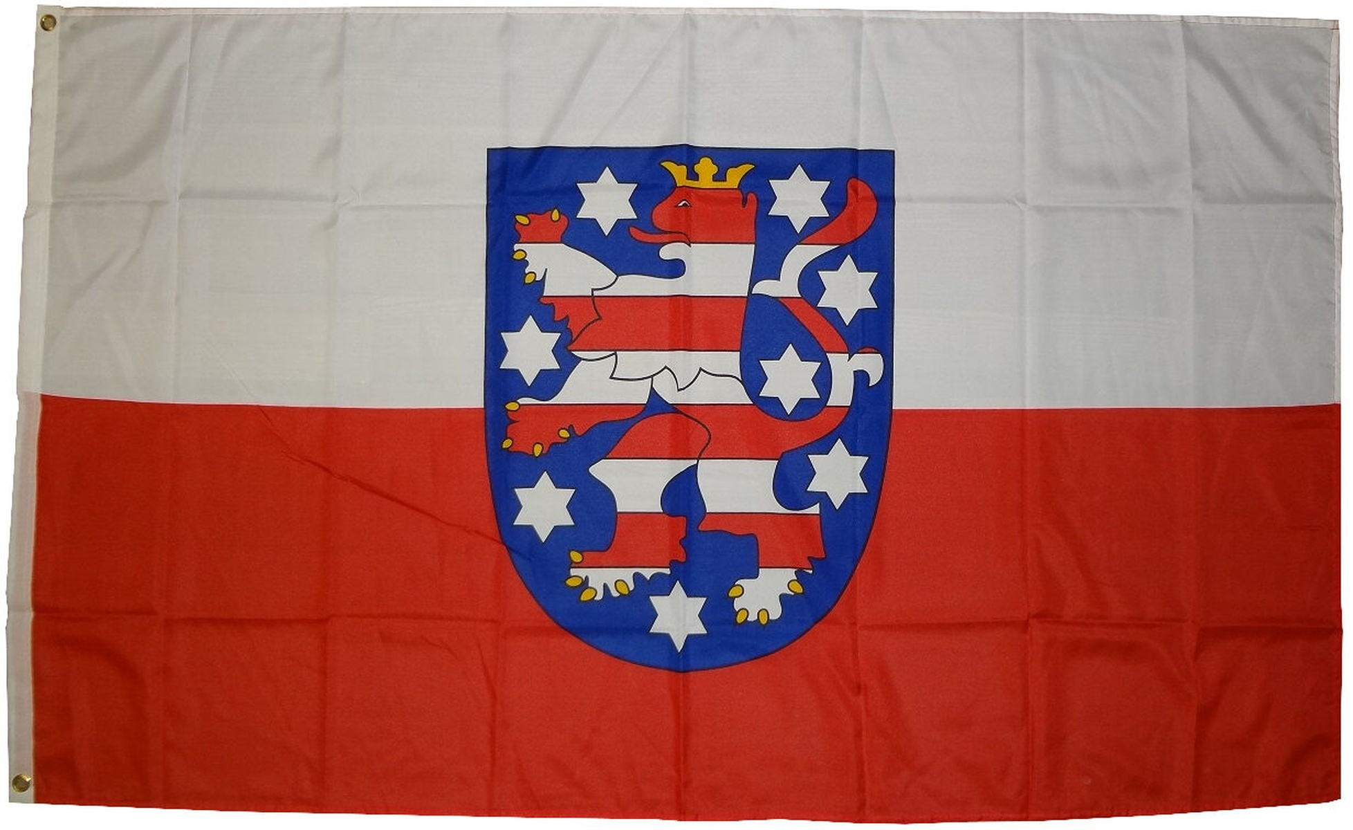Flagge Thüringens: weiße und rote Streifen mit Wappen.