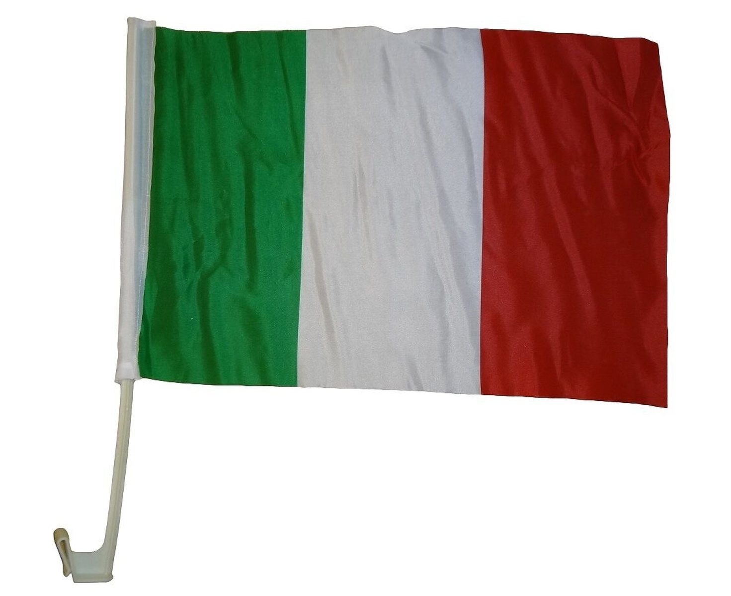 Italienische Flagge: grüne, weiße und rote vertikale Streifen, an Halterung.