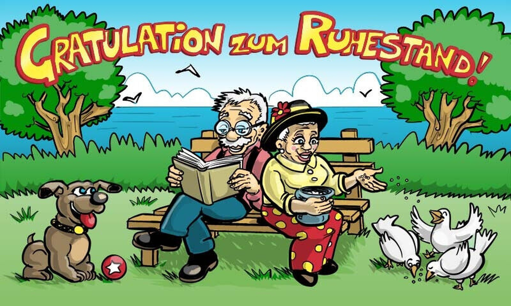 Cartoon eines Rentnerpaares, Hund und Vögel, mit Text 'Gratulation zum Ruhestand!'