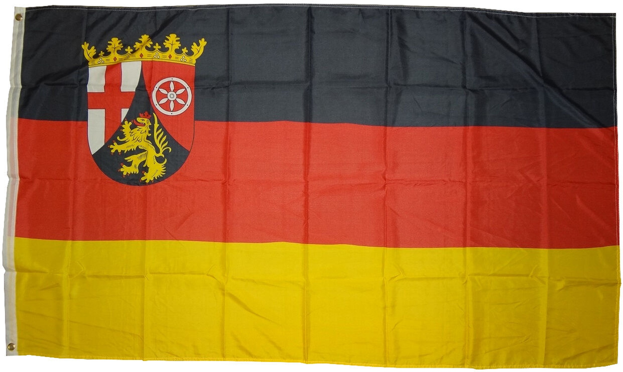 Flagge von Rheinland-Pfalz: schwarz über rot über gelb mit Wappen in der Mitte.