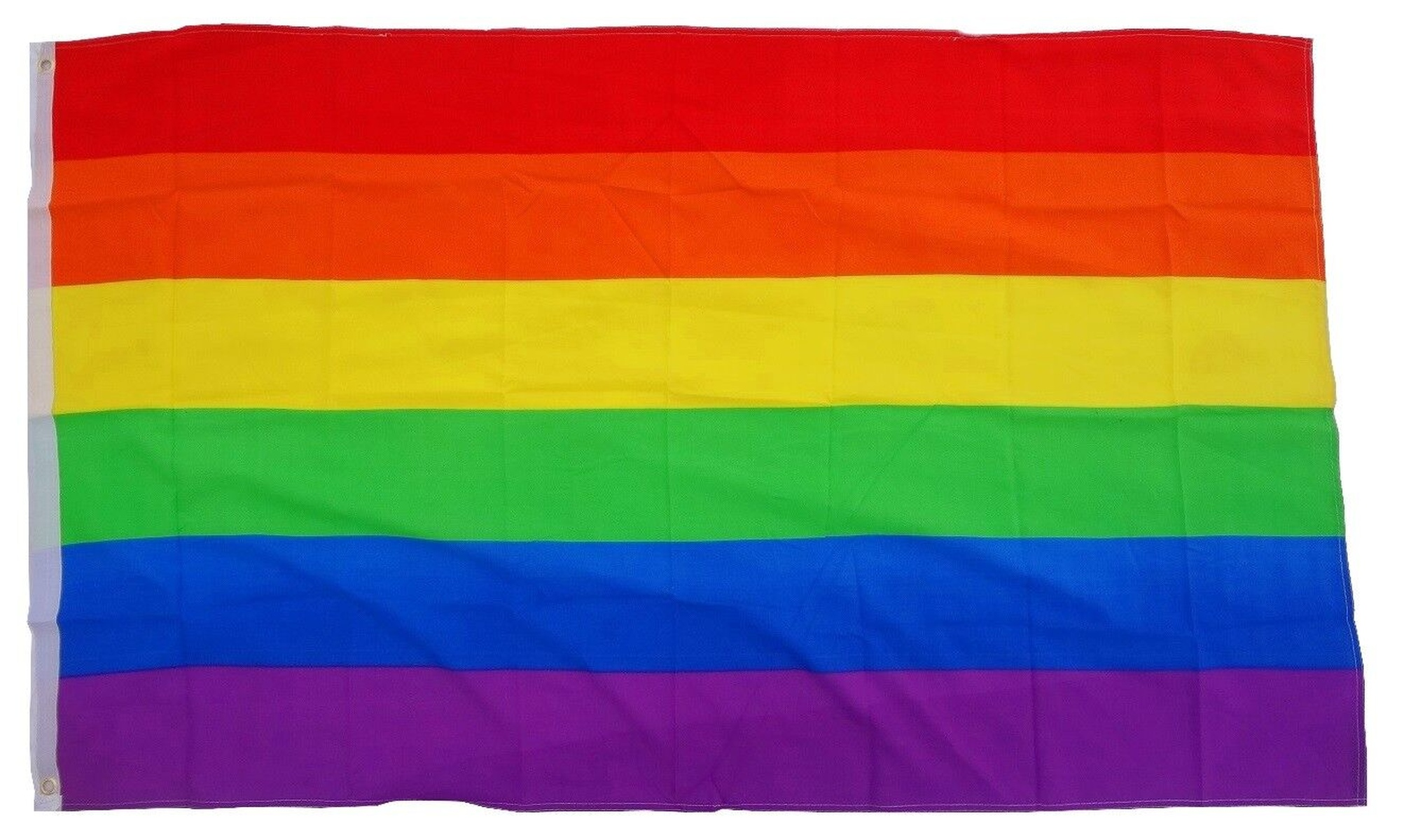 Eine Regenbogenflagge mit horizontalen Streifen in Rot, Orange, Gelb, Grün, Blau und Lila.