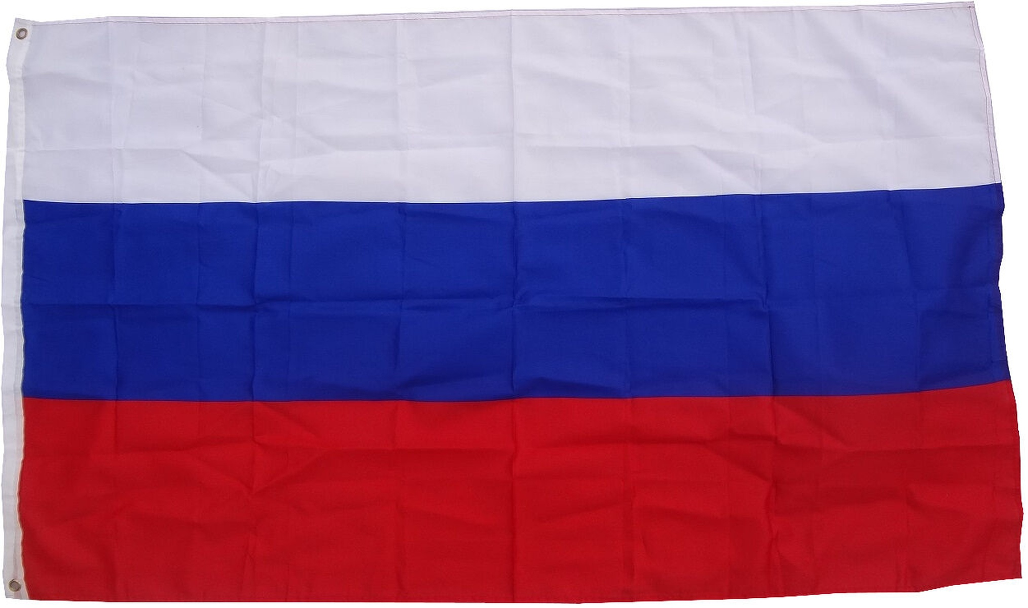 Russische Flagge: drei horizontale Streifen, weiß, blau und rot.