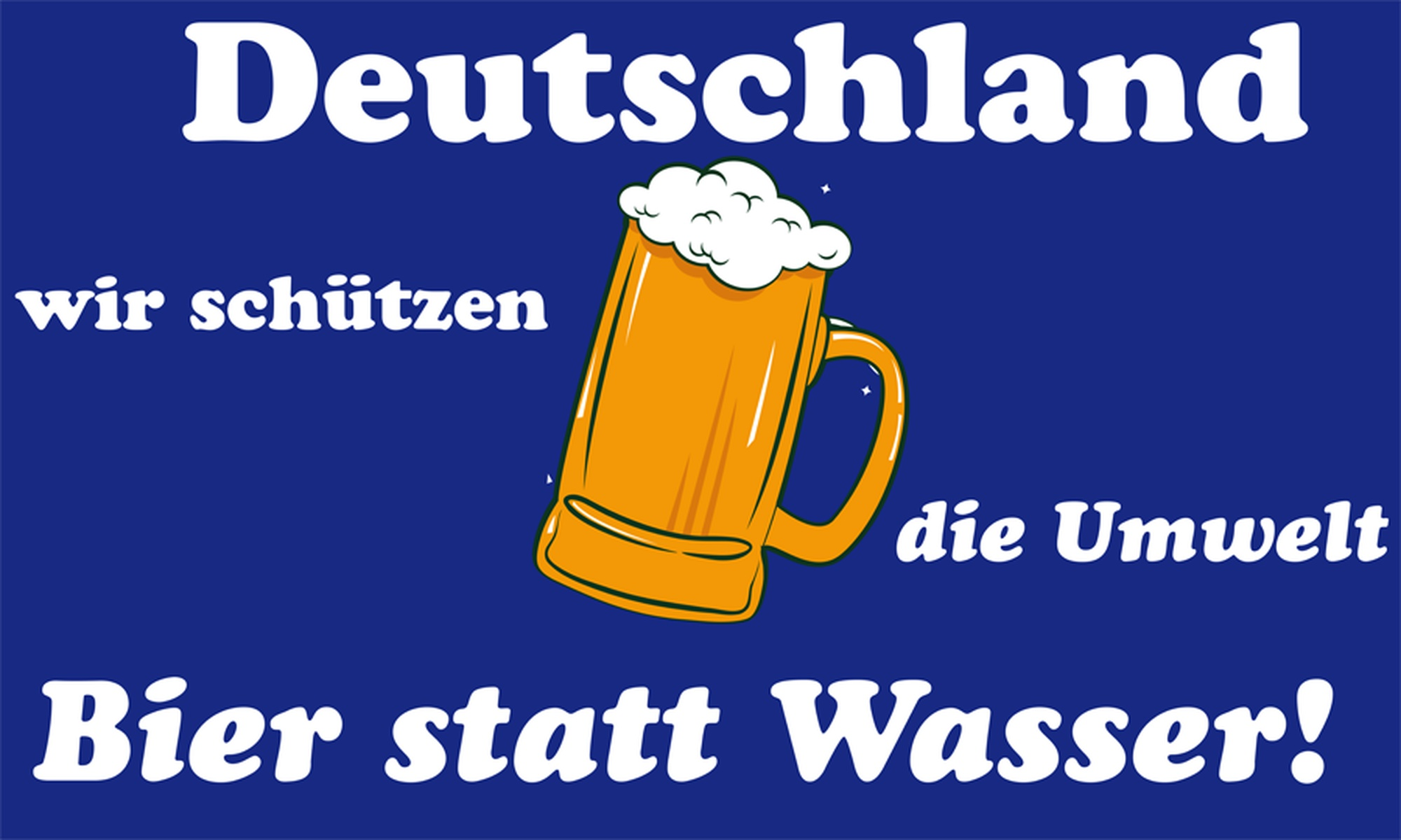 Blauer Hintergrund mit deutschem Text und einem Cartoon-Bierkrug mit Schaum.