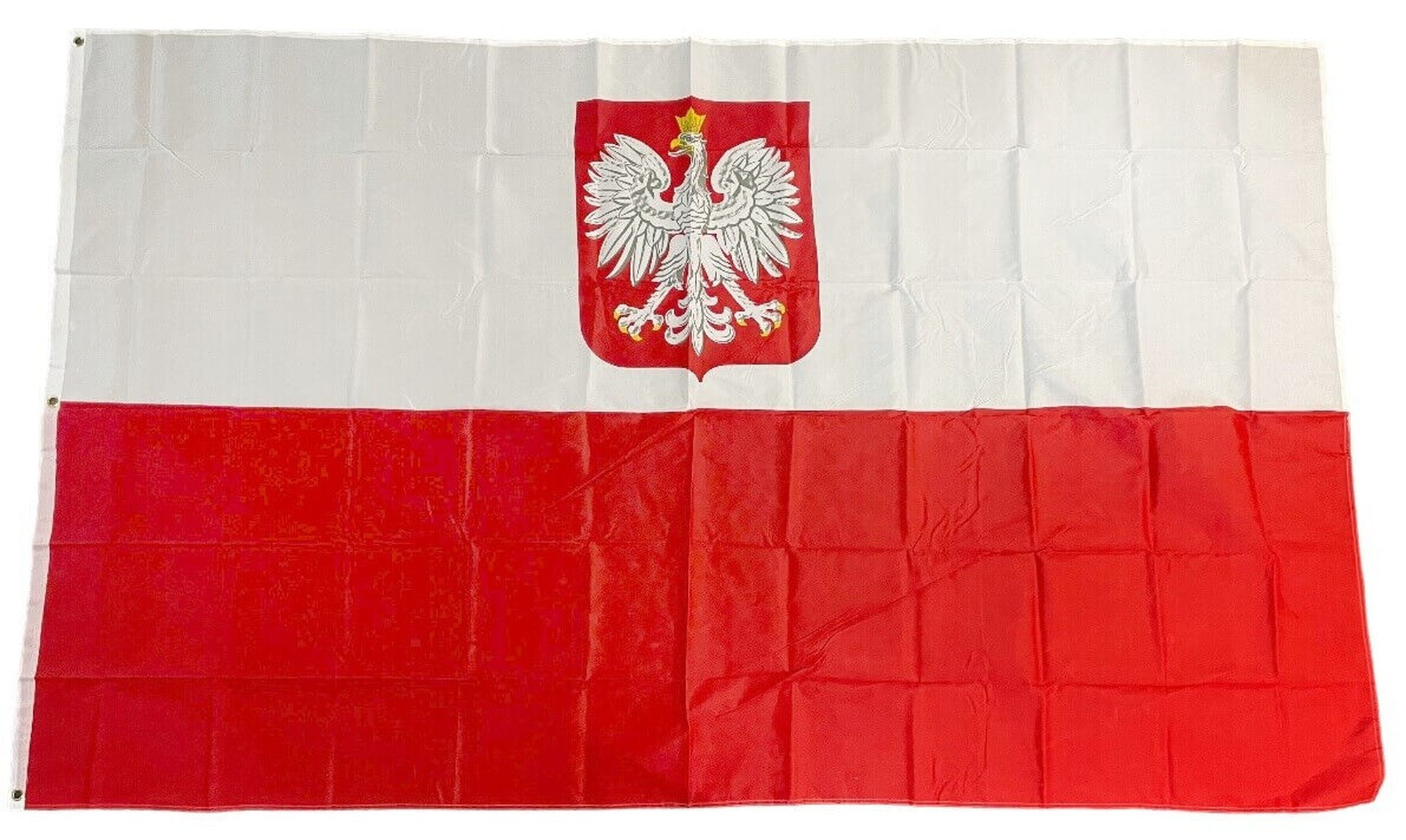 Polnische Flagge: weiße über roten horizontalen Streifen mit einem weißen Adler und Krone.
