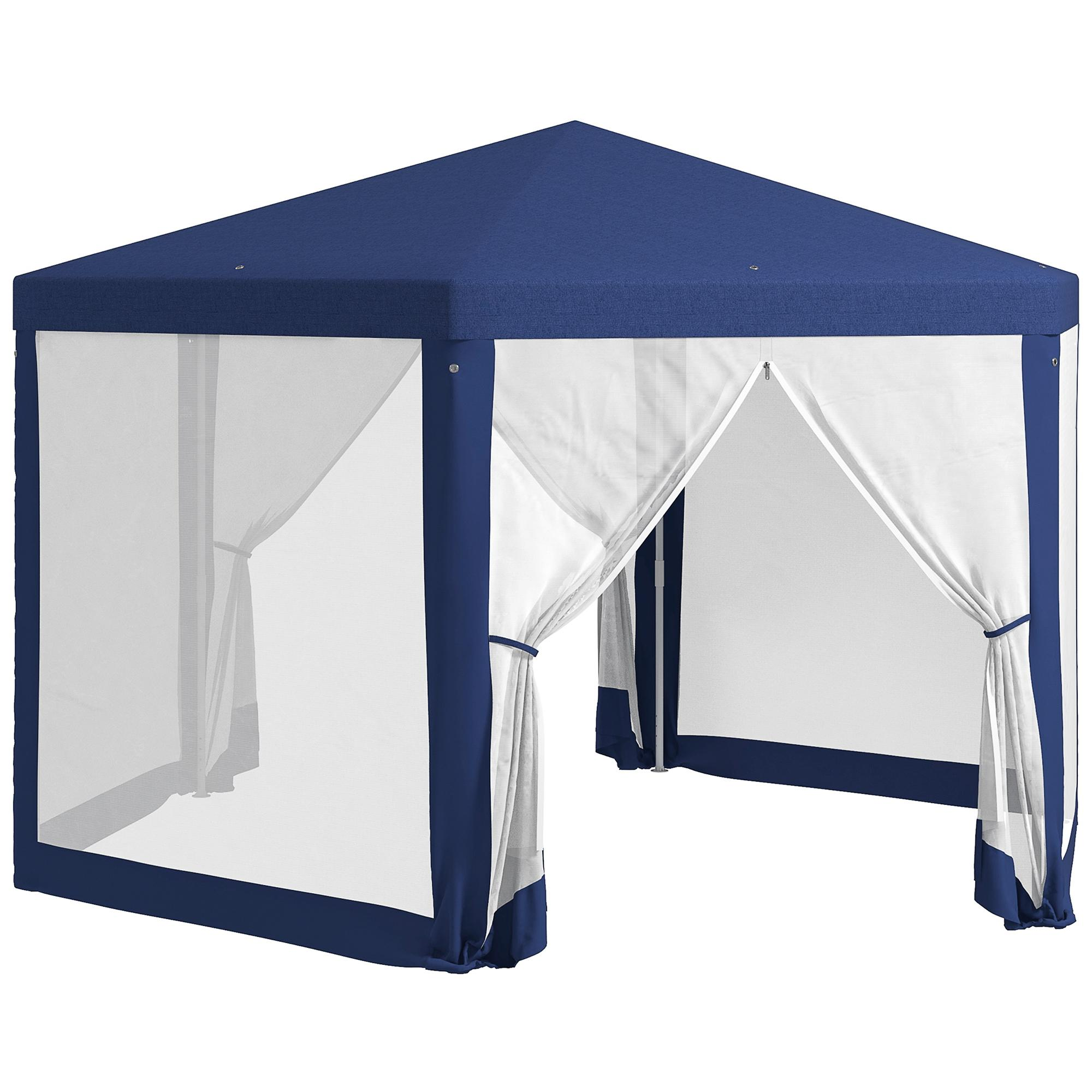 Blauer Pavillon mit weißen Netzvorhängen. Das Dach und der Rahmen sind blau. Die Vorhänge sind zurückgebunden.