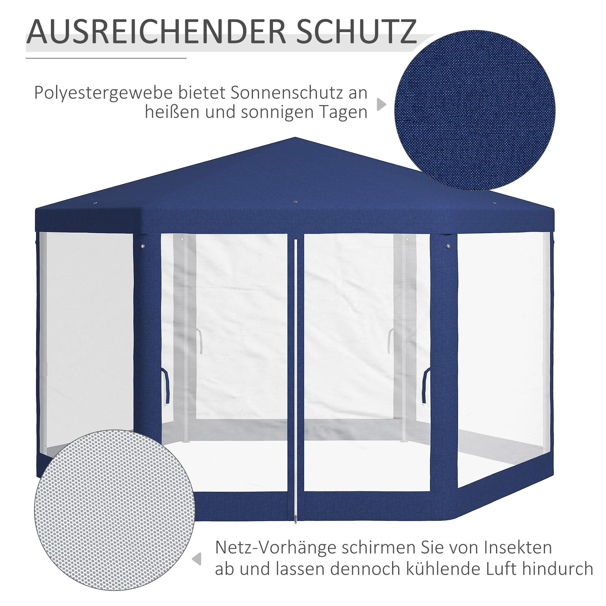 Blauer sechseckiger Pavillon mit klaren Seiten. Text: Ausreichender Schutz. Kleiner Kreis zeigt Mesh. Weißer Text auf blauem Hintergrund.