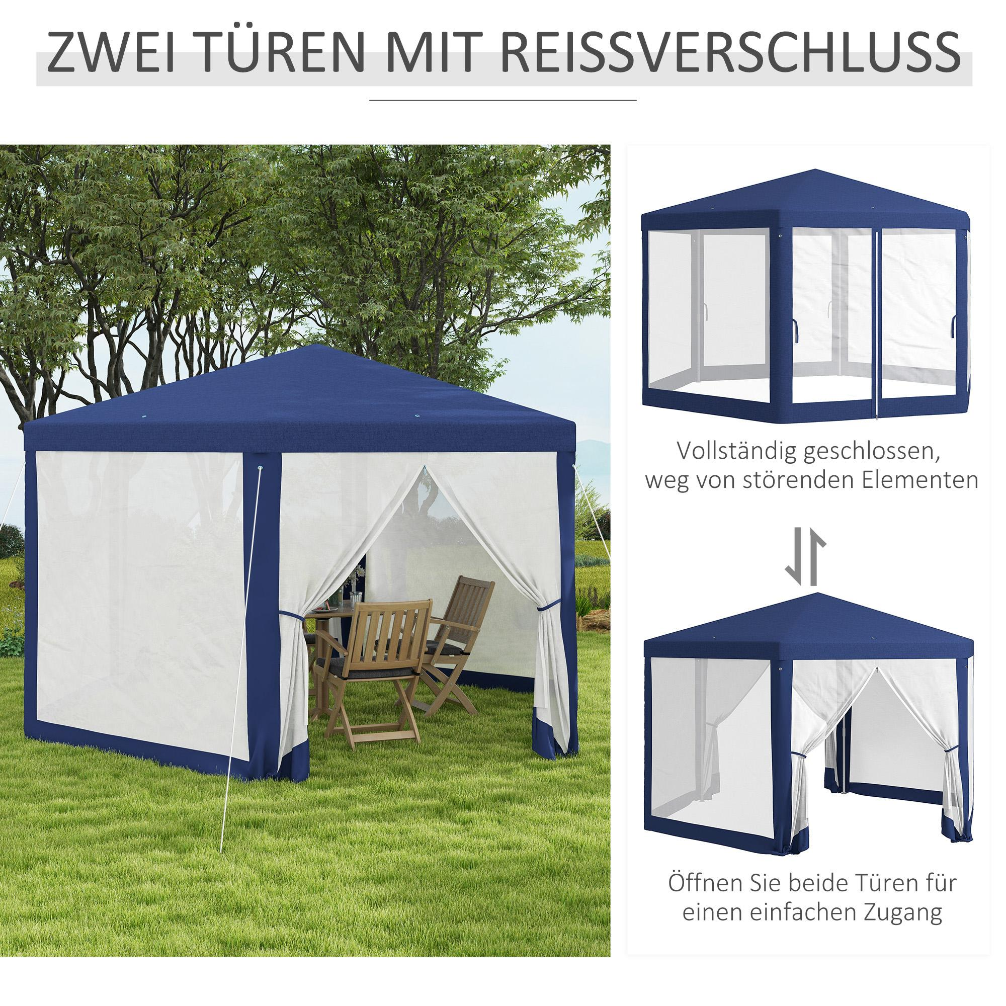 Außenzelt mit zwei Reißverschlusstüren. Es gibt zwei Ansichten: eine geschlossen, eine offen, die Zugang und Raum zeigen.