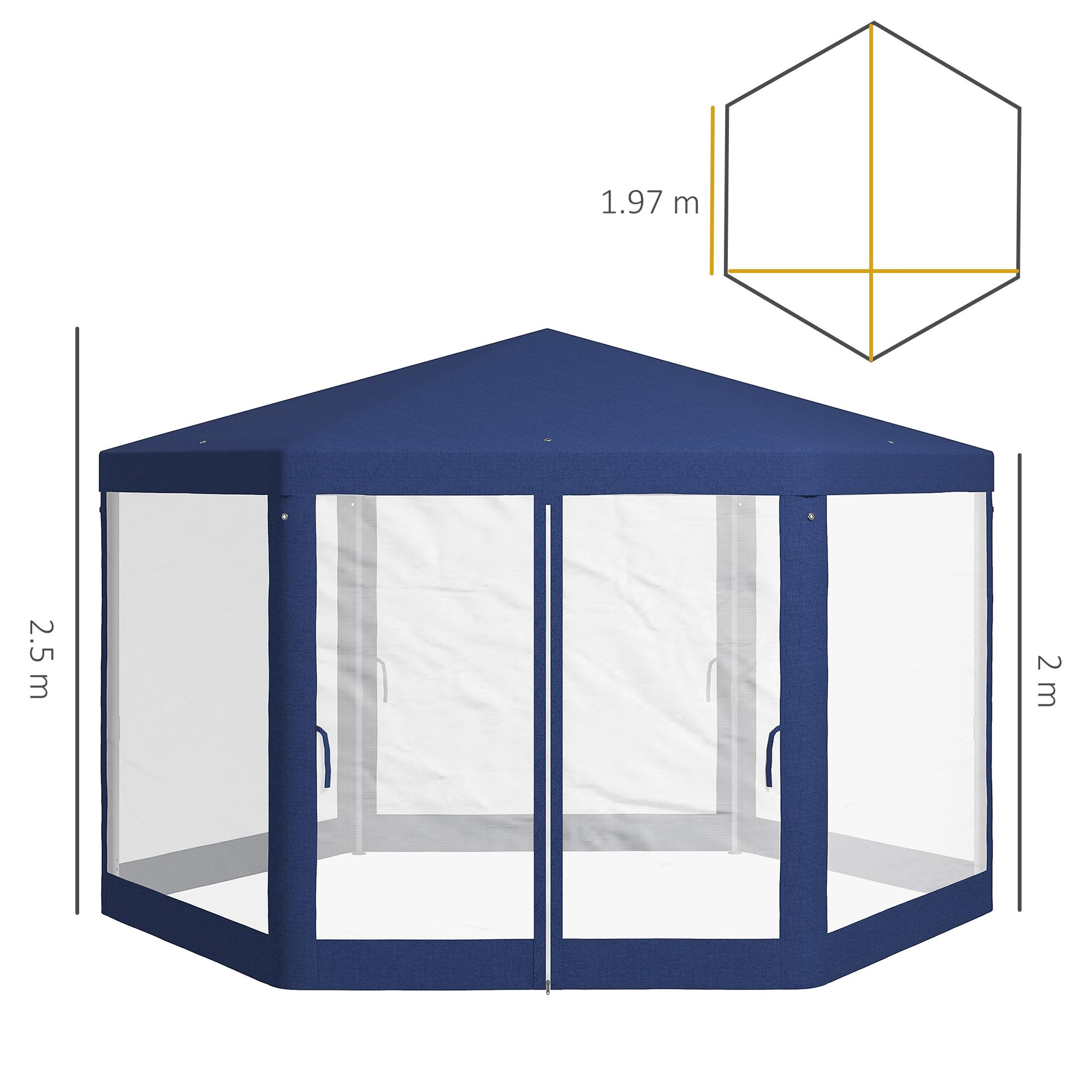 Ein blauer sechseckiger Pavillon mit transparenten Paneelen und einem Spitzdach. Maße sind abgebildet.