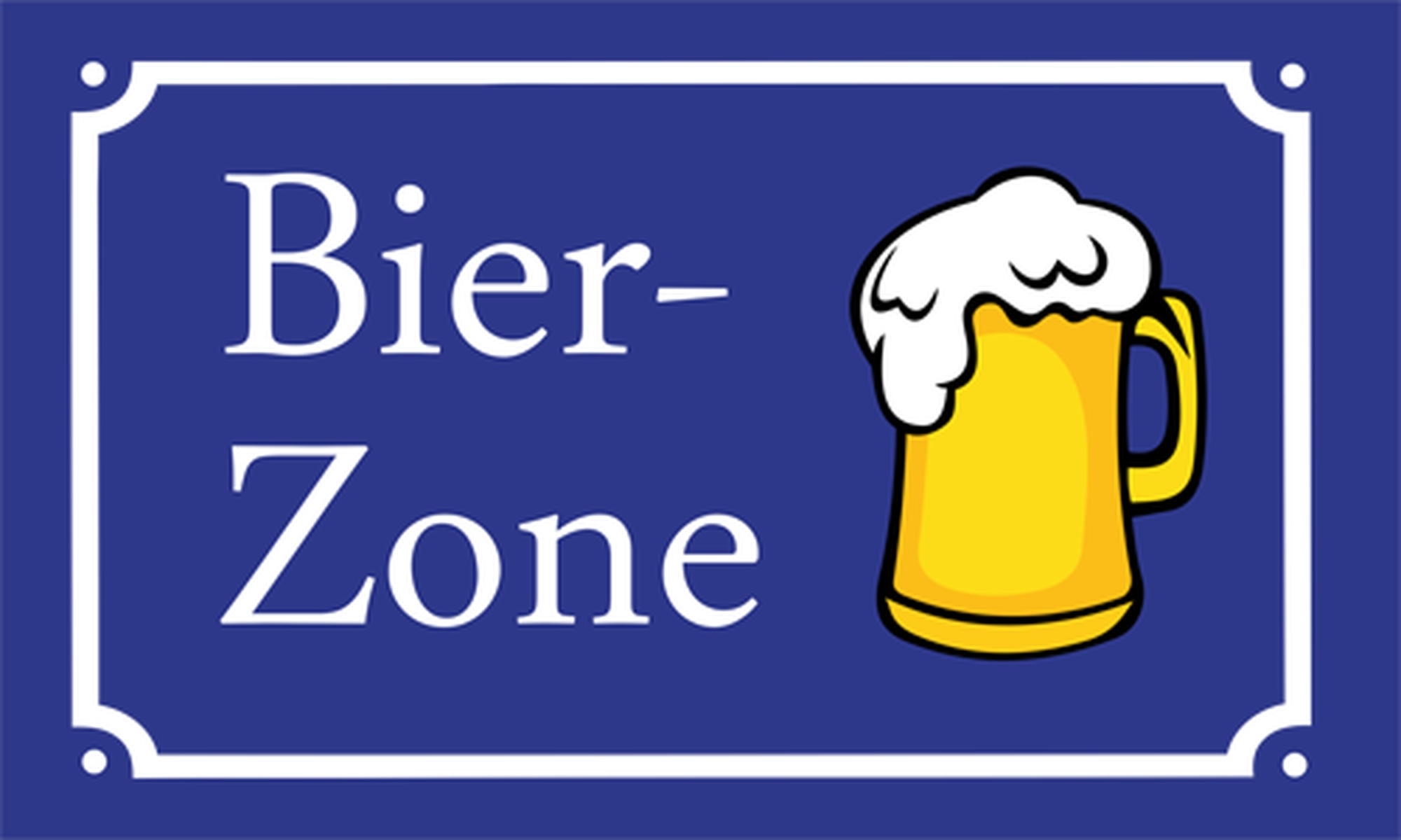 Ein blaues Schild mit weißem Text 'Bier-Zone' und einem gelben Bierkrug mit Schaum rechts.