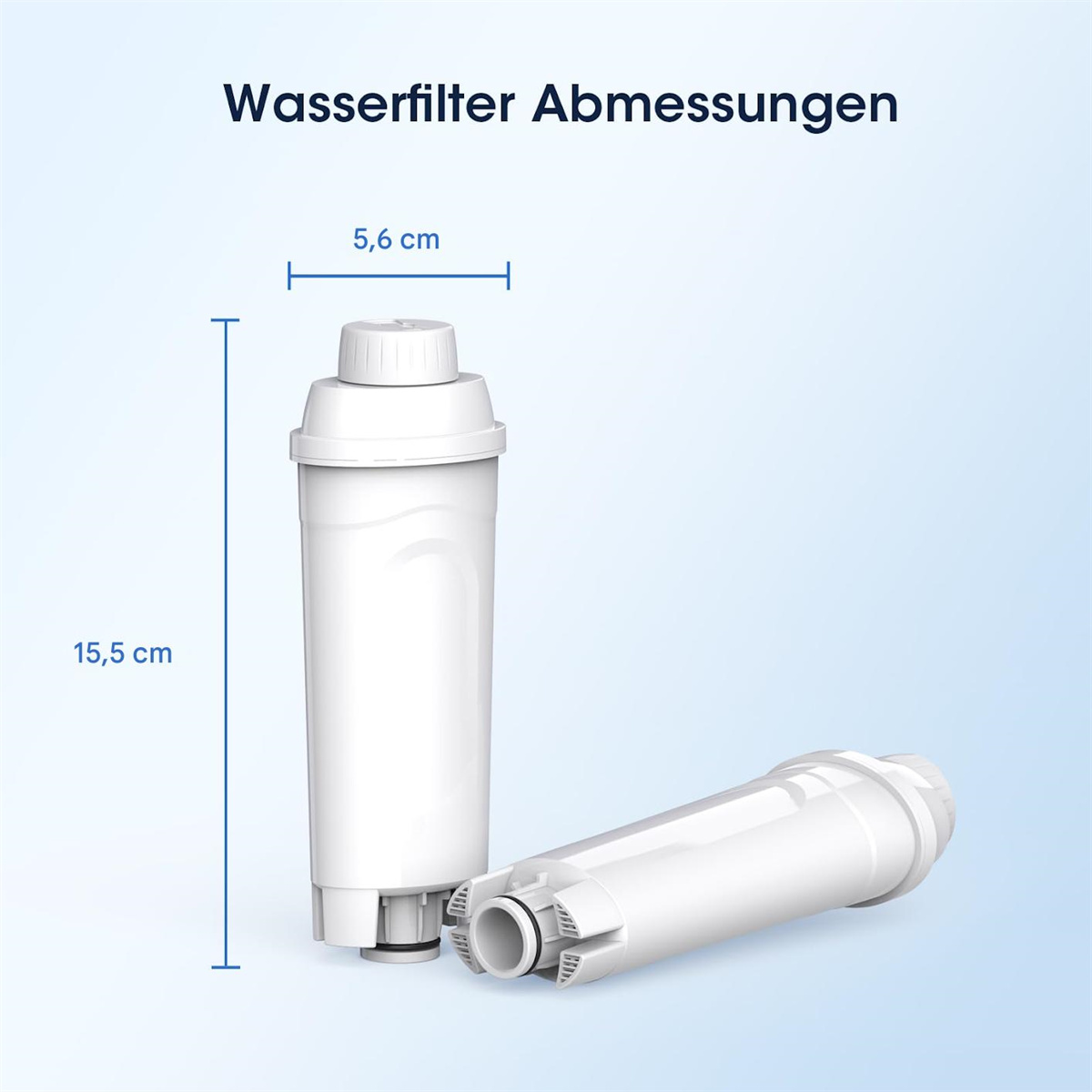 Zwei weiße Wasserfilterpatronen. Eine aufrecht, die andere liegend. Maße sind oben angegeben.