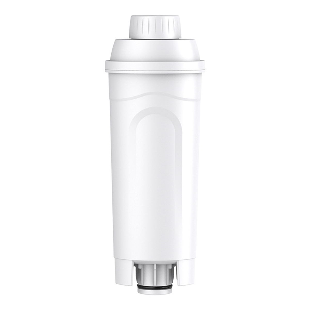 Eine weiße Wasserfilterpatrone, zylindrische Form, mit strukturierter Ober- und Unterseite, vor einfachem Hintergrund.