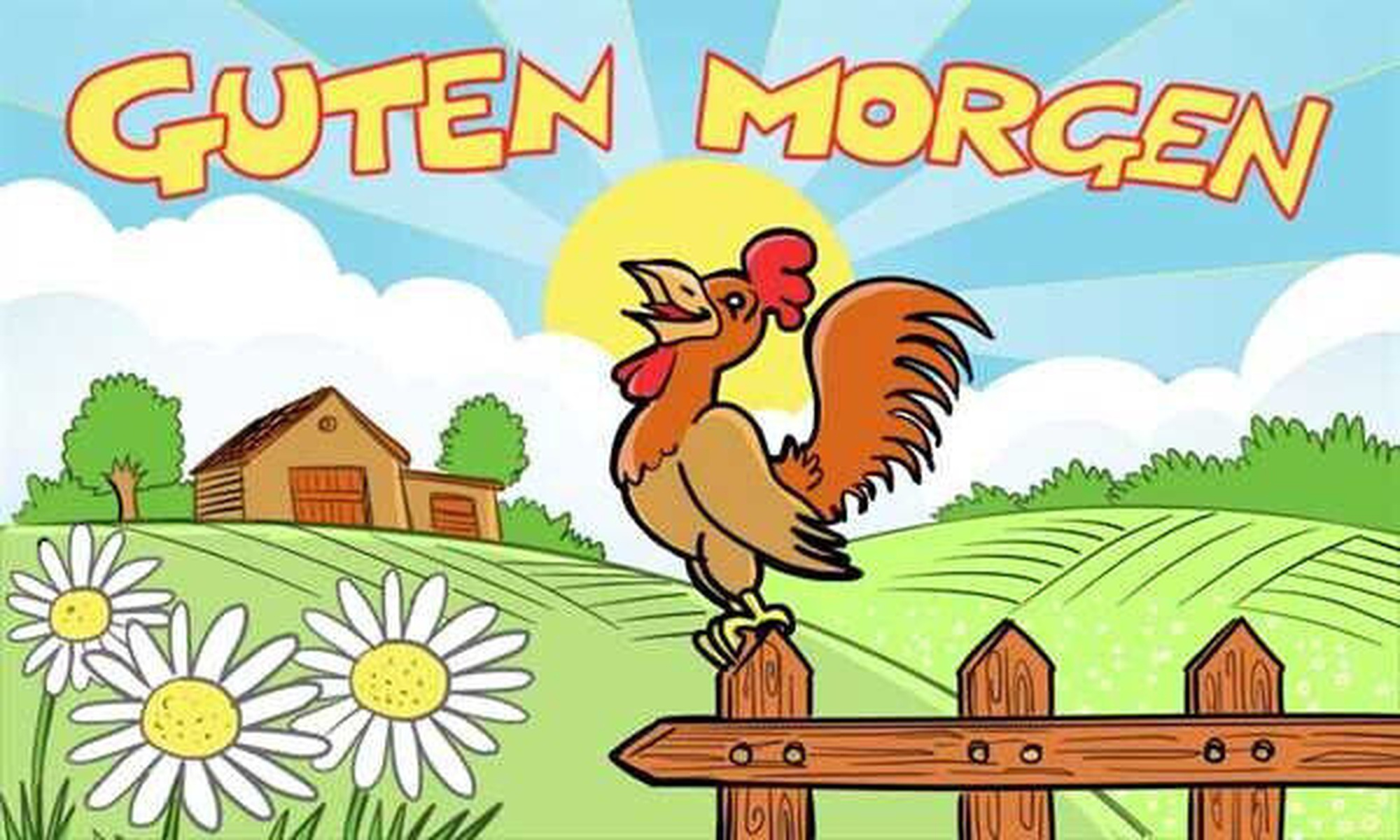 Cartoonbild eines krähenden Hahns. Der Text oben lautet Guten Morgen. Der Hintergrund ist eine Bauernhofszene.