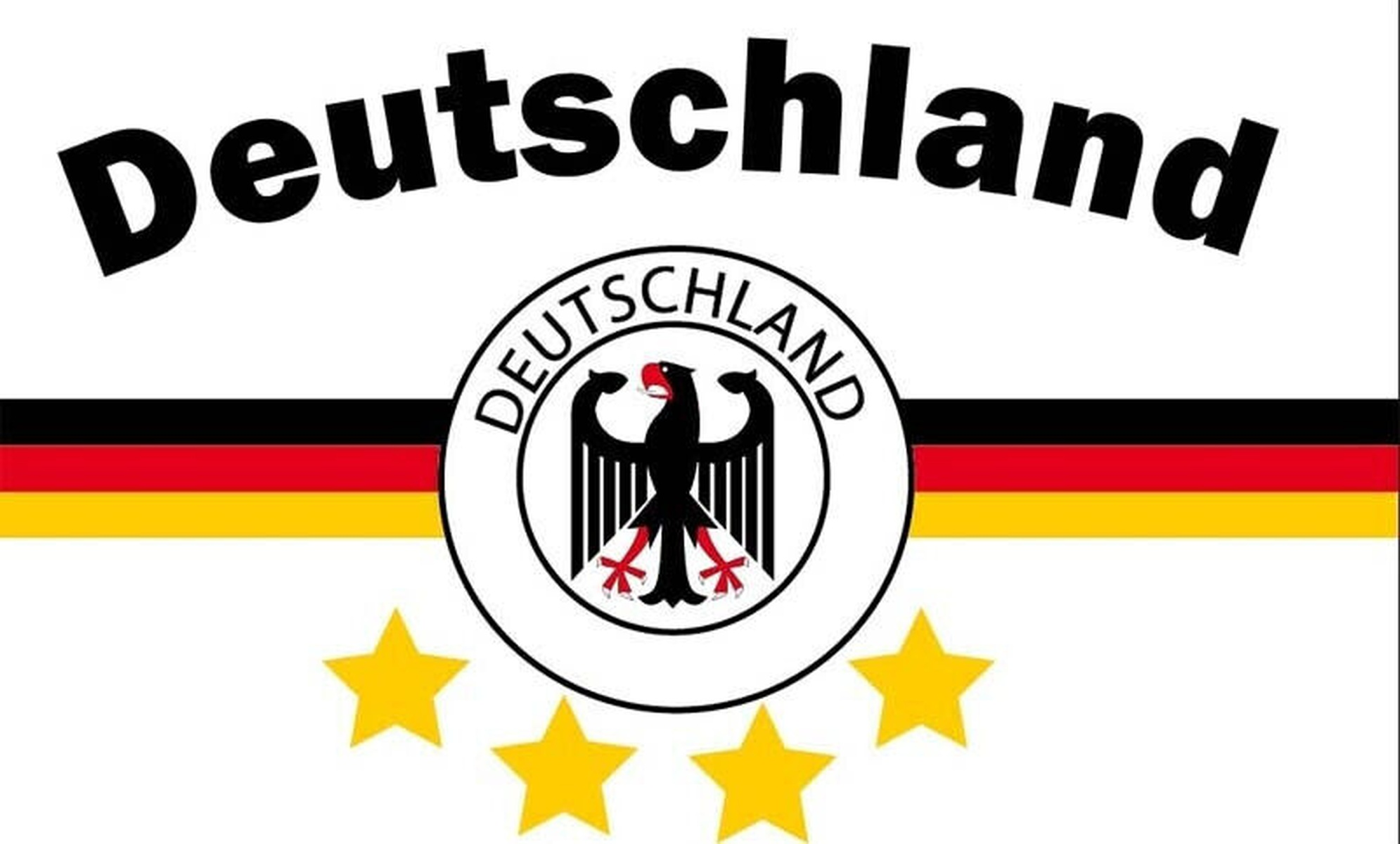 Eine Flagge mit dem Wort Deutschland. Ein schwarzer Adler in einem Kreis. Gelbe Sterne und schwarz, rot und gelb gestreift.